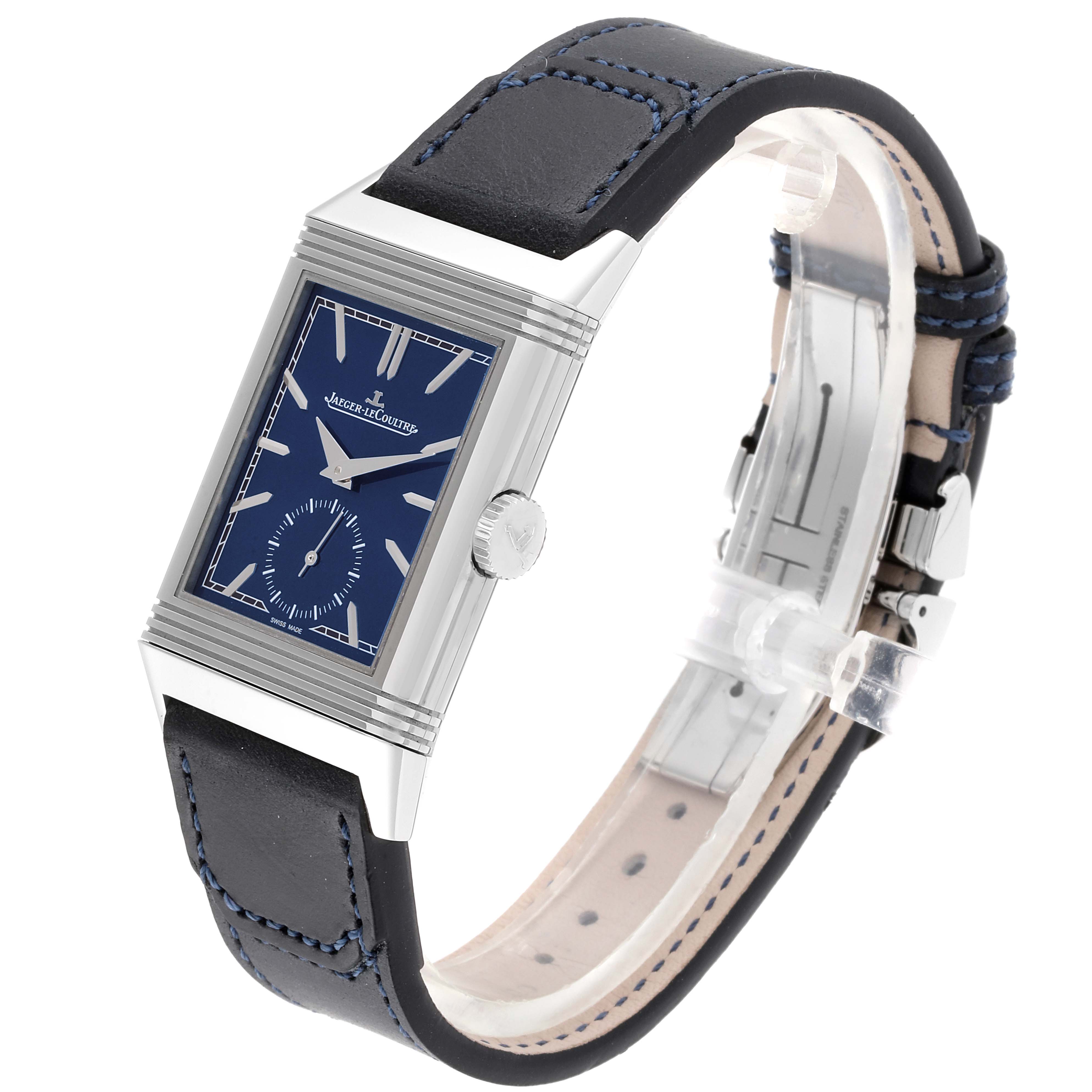 The Jaeger LeCoultre Reverso Q3978480 Men's Stainless Steel Blue Dial Q3978480 Men's Stainless Steel Blue Dial watch is shown at a three-quarter angle highlighting its blue face, crown, and leather strap.