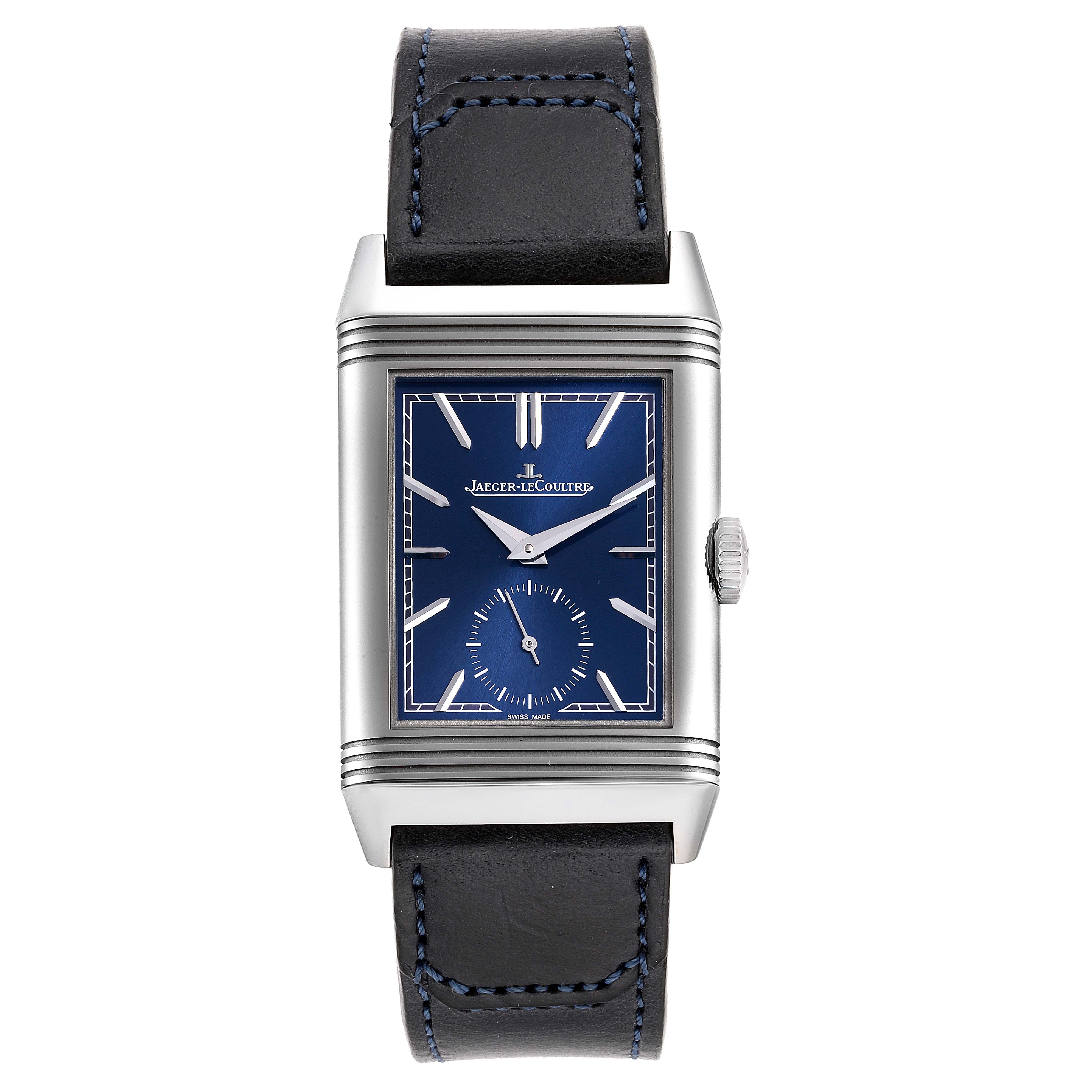 The image shows a front view of a Jaeger LeCoultre Reverso Q3978480 Men's Stainless Steel Blue Dial Q3978480 Men's Stainless Steel Blue Dial watch with a rectangular blue dial and black leather strap.