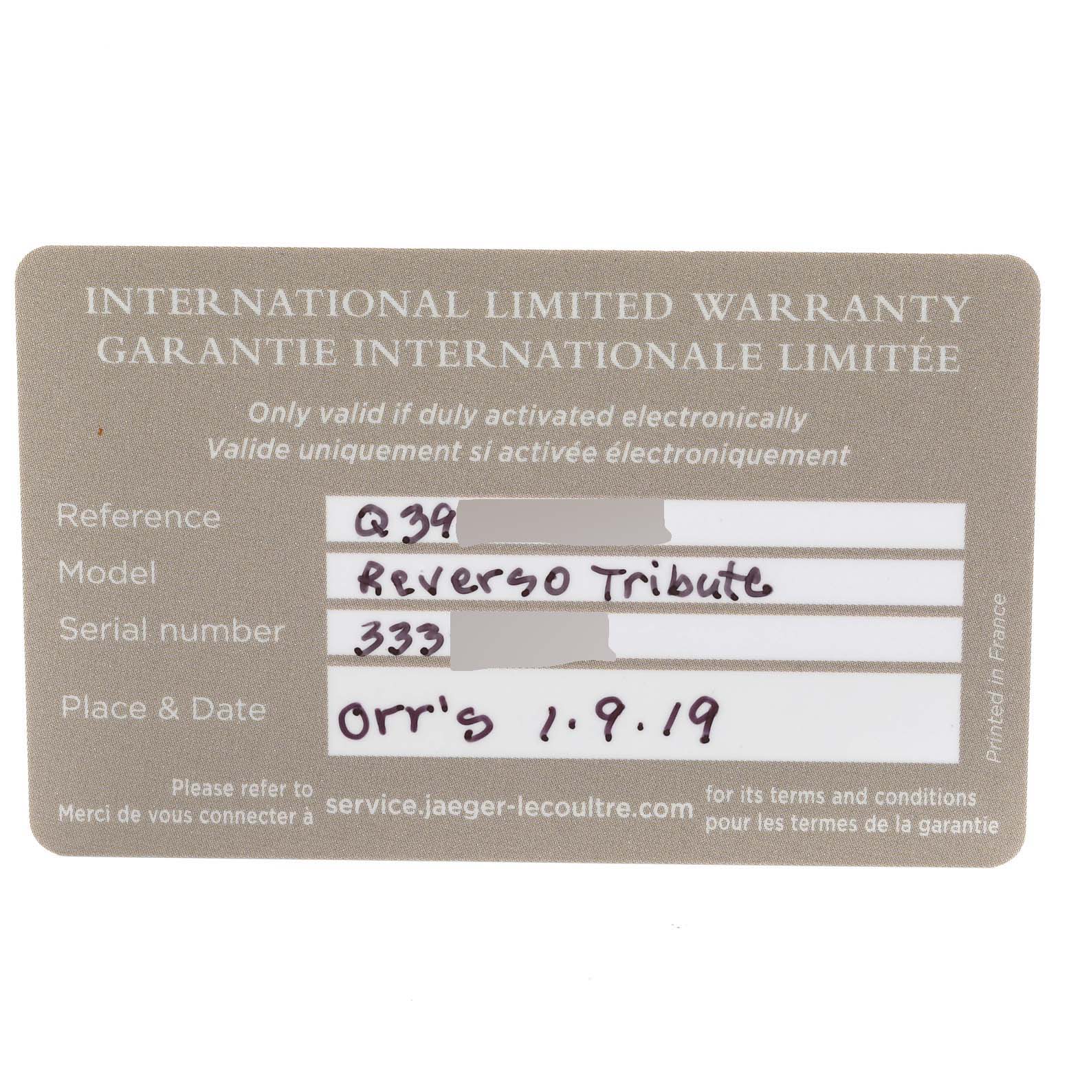 This image shows the international limited warranty card for the Jaeger LeCoultre Reverso Q3978480 Men's Stainless Steel Blue Dial Q3978480 Men's Stainless Steel Blue Dial Tribute model, including reference and serial numbers.