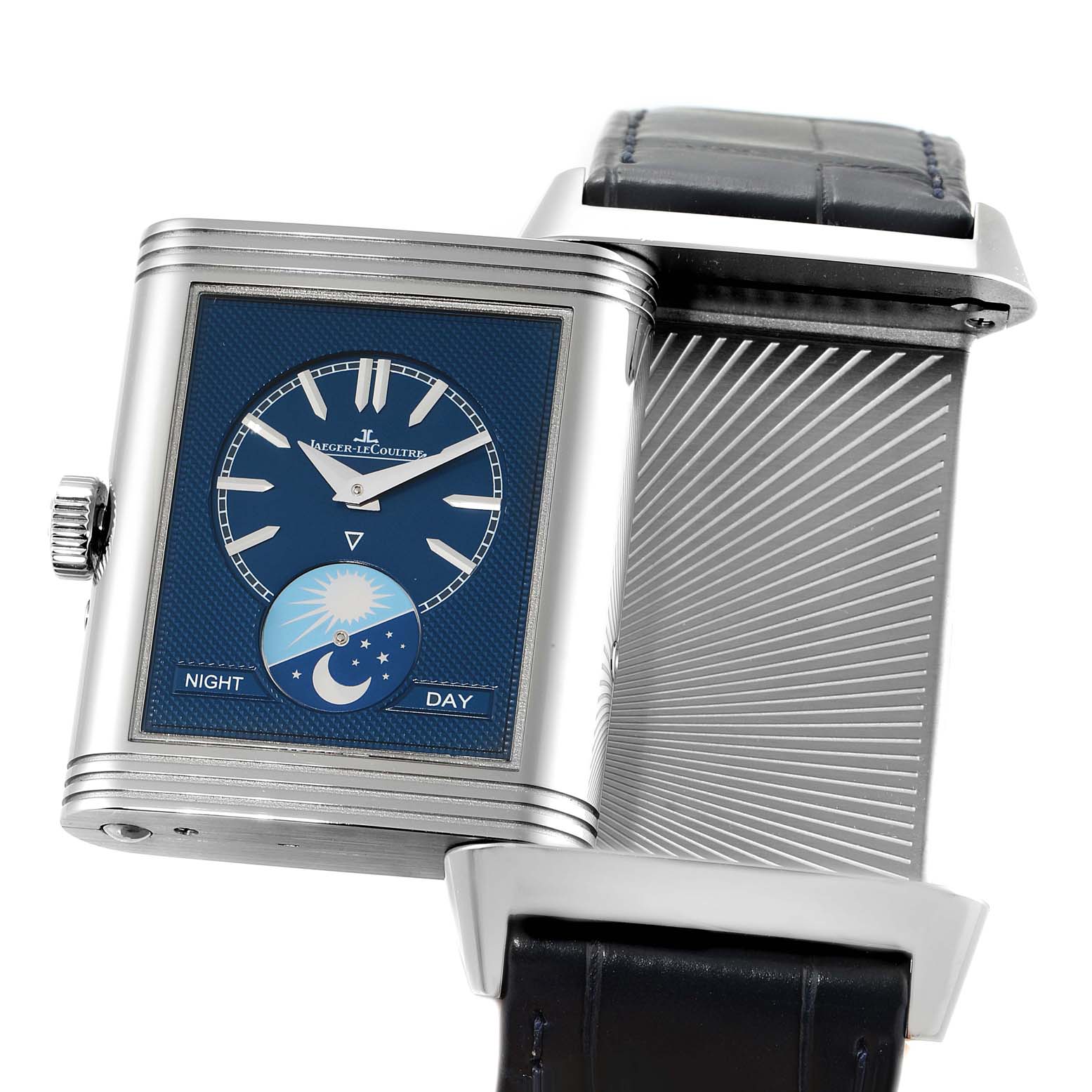 The image shows a Jaeger-LeCoultre Reverso watch from a front and slight side angle, showcasing its blue dial and swivel case mechanism.