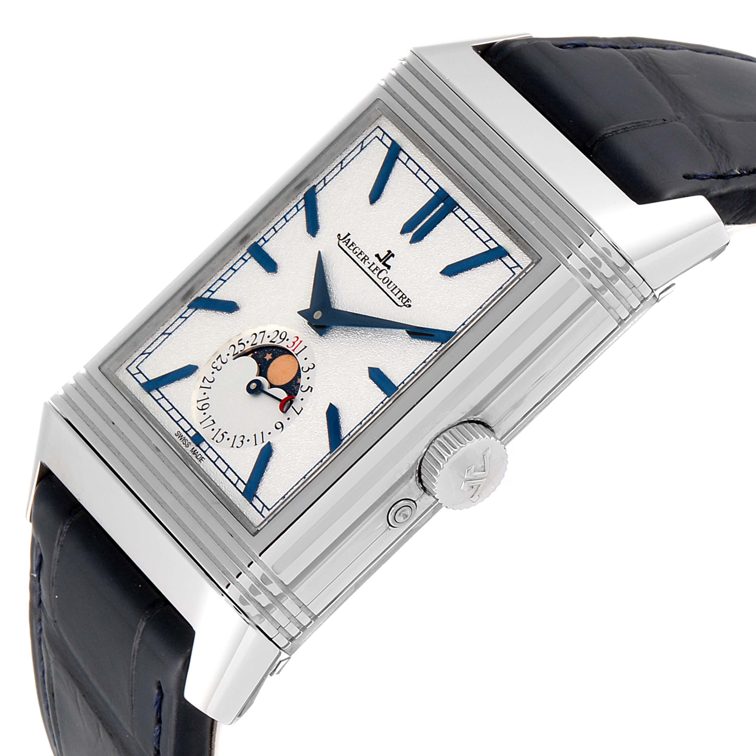 The image shows a close-up angled view of the Jaeger LeCoultre Reverso Q3958420 Men's Stainless Steel Blue Dial Q3958420 Men's Stainless Steel Blue Dial watch, featuring its face, side, crown, and part of the strap.