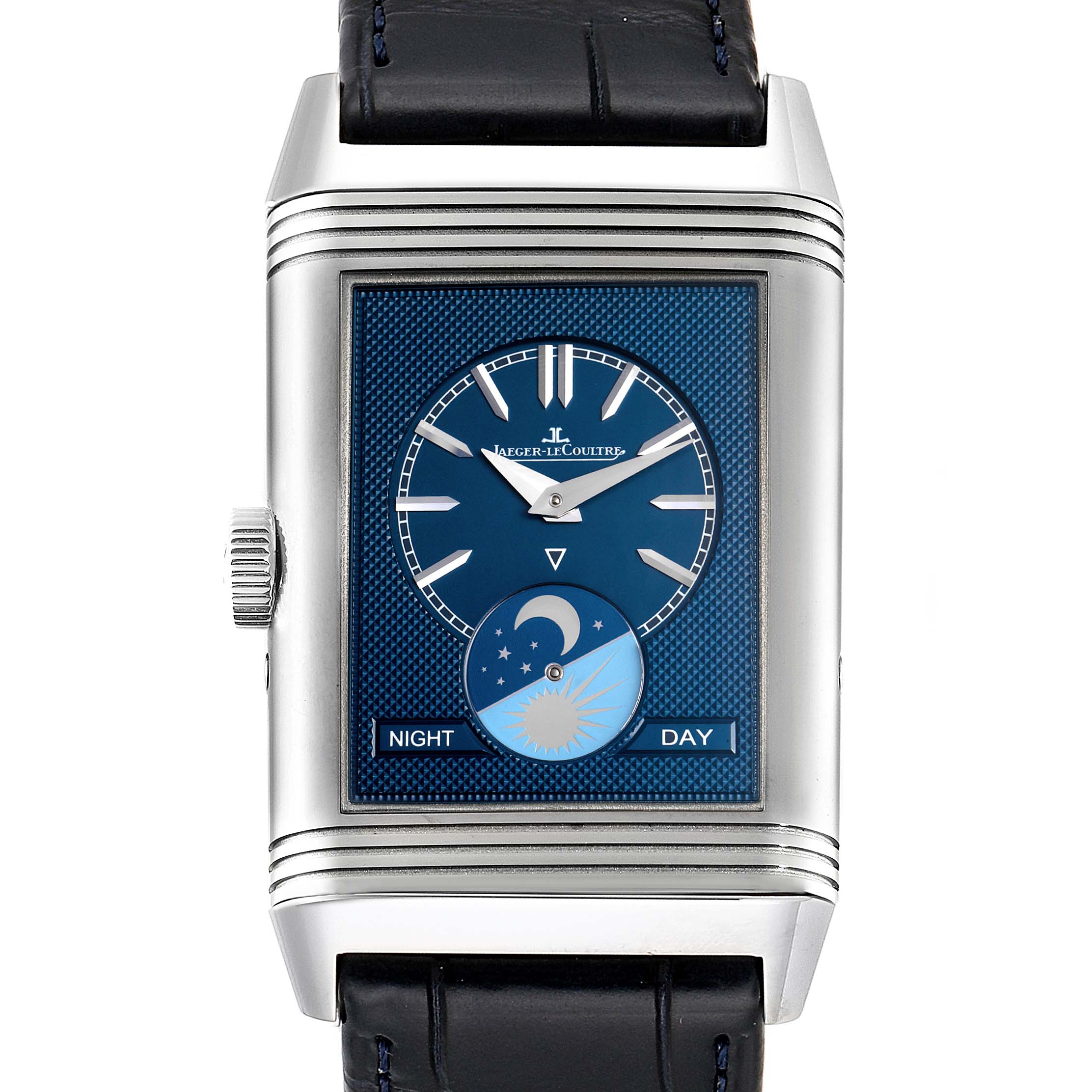 The image shows a front view of a Jaeger LeCoultre Reverso Q3958420 Men's Stainless Steel Blue Dial Q3958420 Men's Stainless Steel Blue Dial watch, featuring a blue dial, day/night indicator, and a leather strap.