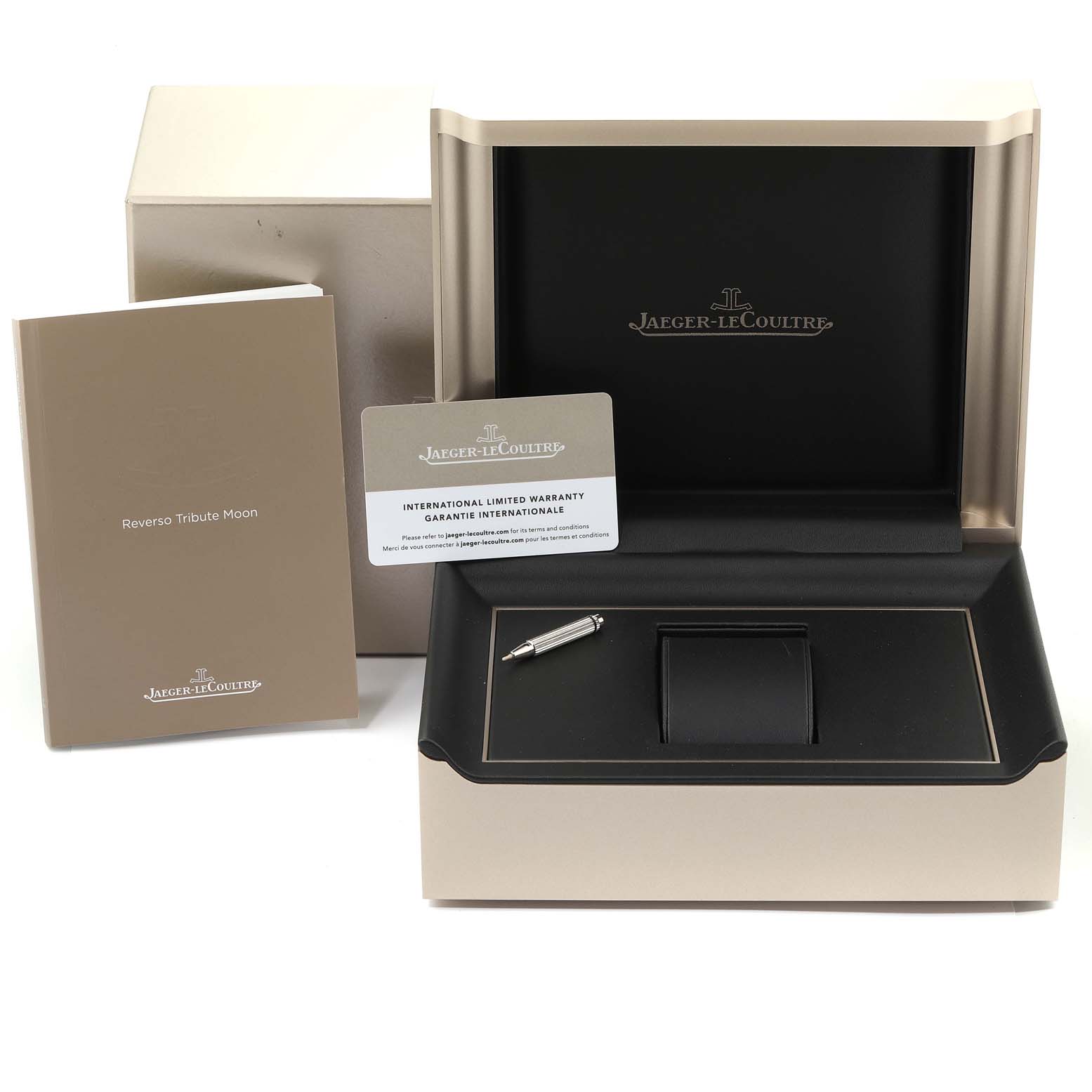The image shows the Jaeger LeCoultre Reverso Q3958420 Men's Stainless Steel Blue Dial Q3958420 Men's Stainless Steel Blue Dial model packaging, including the box, manual, pen, and warranty card.