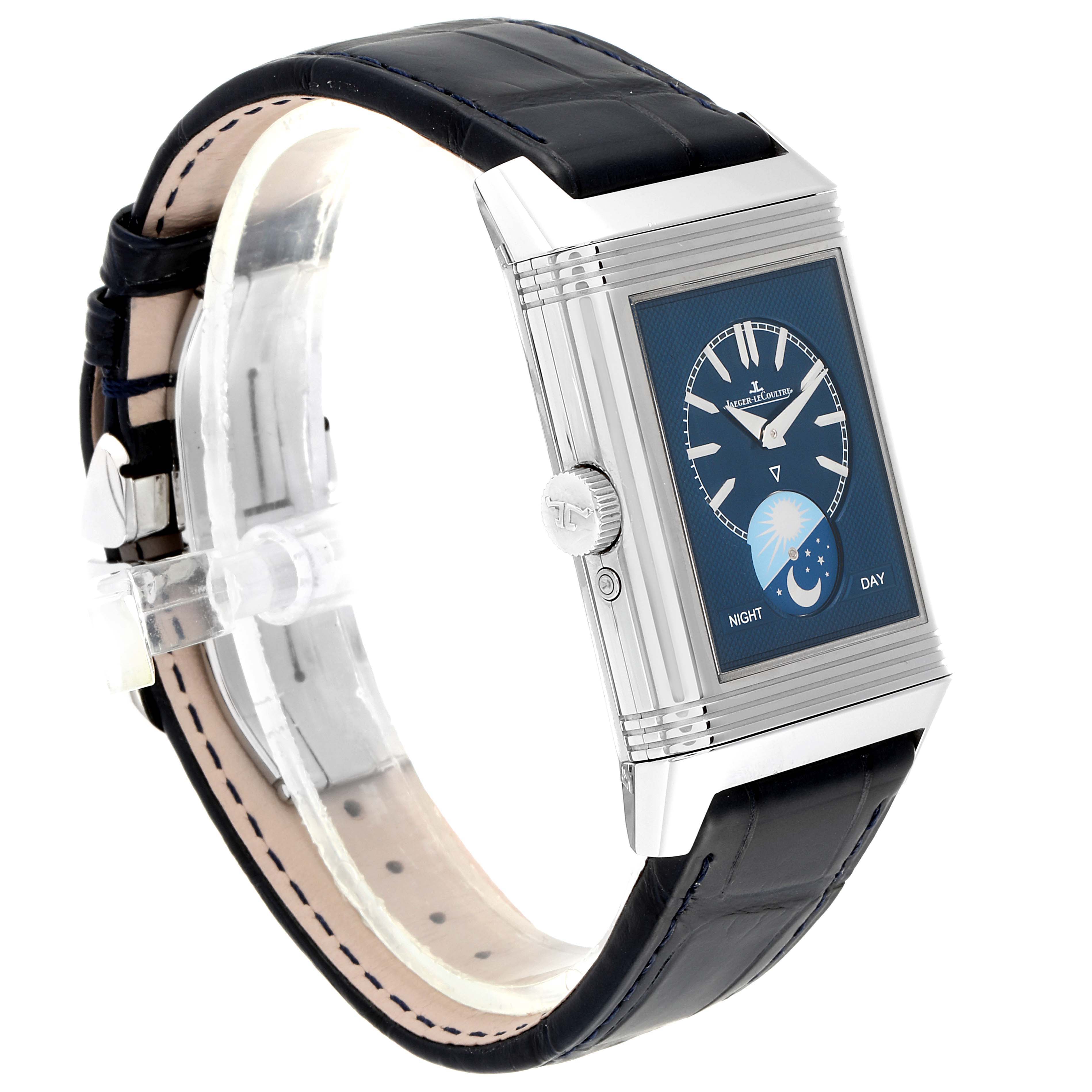 This Reverso model by Jaeger LeCoultre is shown from a three-quarter angle highlighting the face, crown, and leather strap.