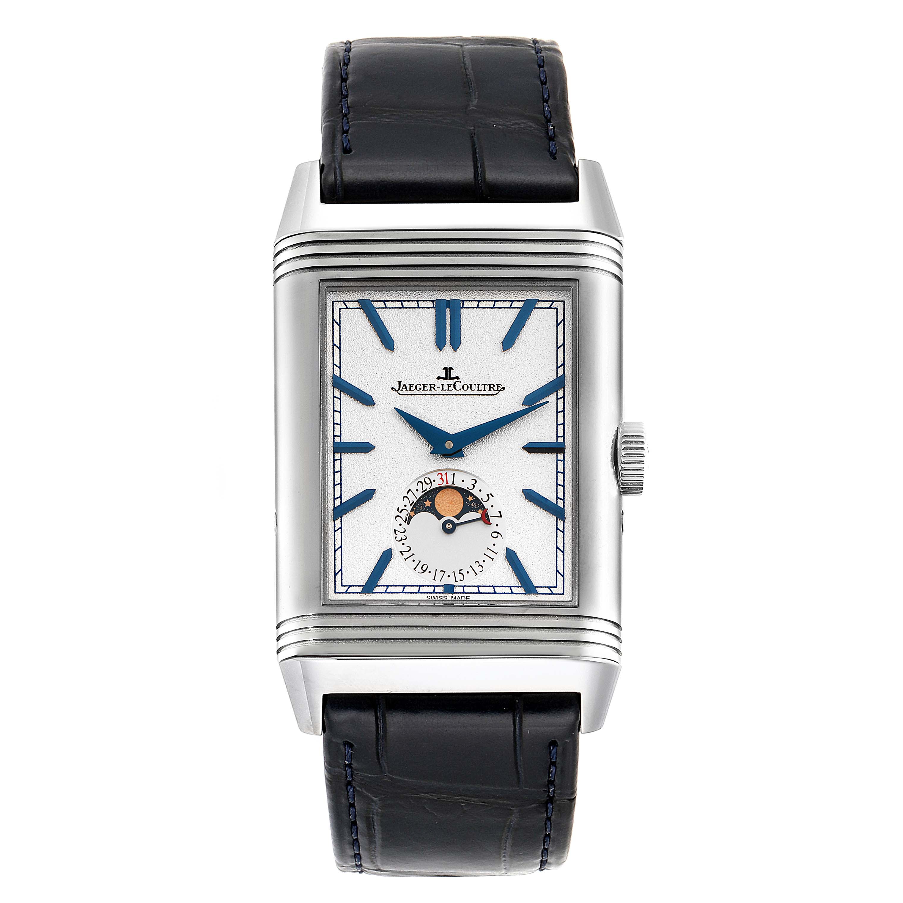 This Jaeger LeCoultre Reverso Q3958420 Men's Stainless Steel Blue Dial Q3958420 Men's Stainless Steel Blue Dial watch is shown from a front angle, displaying the dial, hands, and moon phase complication.