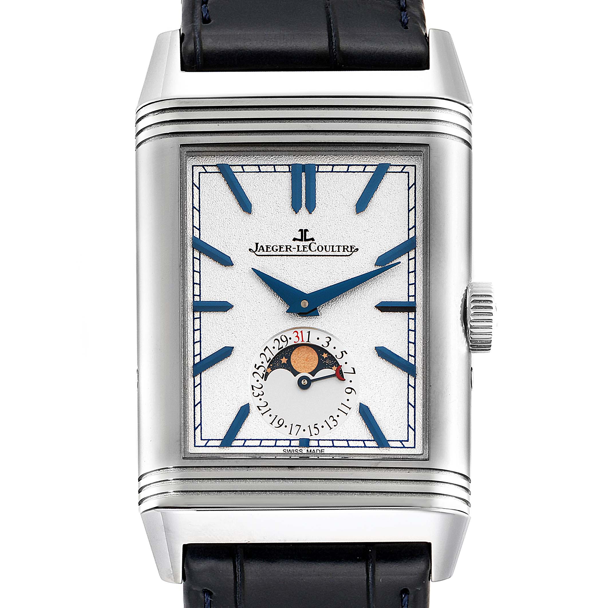 The image shows a frontal view of a Jaeger LeCoultre Reverso Q3958420 Men's Stainless Steel Blue Dial Q3958420 Men's Stainless Steel Blue Dial watch, detailing the face, hands, moon phase indicator, and crown.