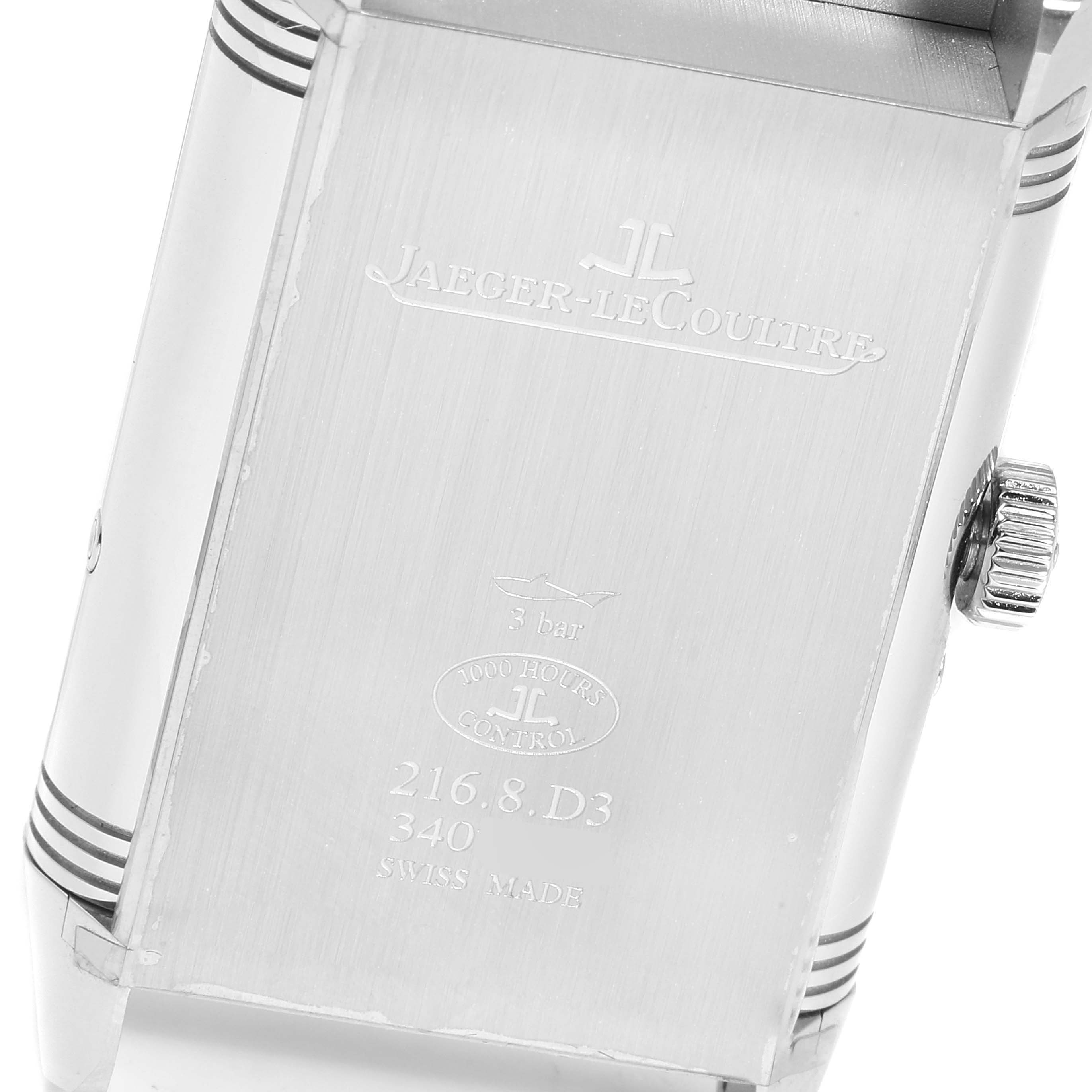 The image shows the back case of the Jaeger LeCoultre Reverso Q3958420 Men's Stainless Steel Blue Dial Q3958420 Men's Stainless Steel Blue Dial watch, emphasizing brand engraving and specifications.