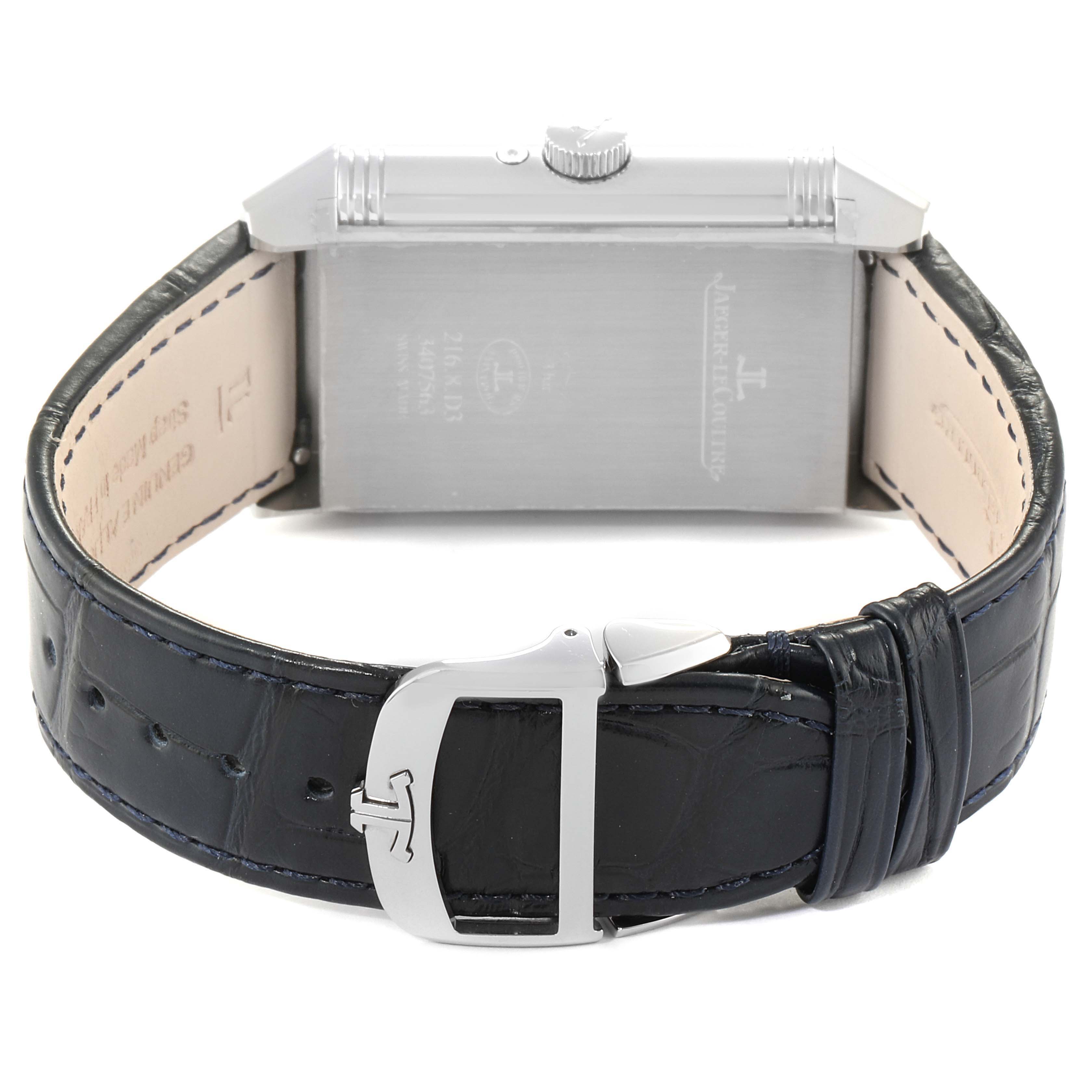 The image shows the back view of a Jaeger LeCoultre Reverso Q3958420 Men's Stainless Steel Blue Dial Q3958420 Men's Stainless Steel Blue Dial watch, highlighting the clasp, leather strap, and case back.