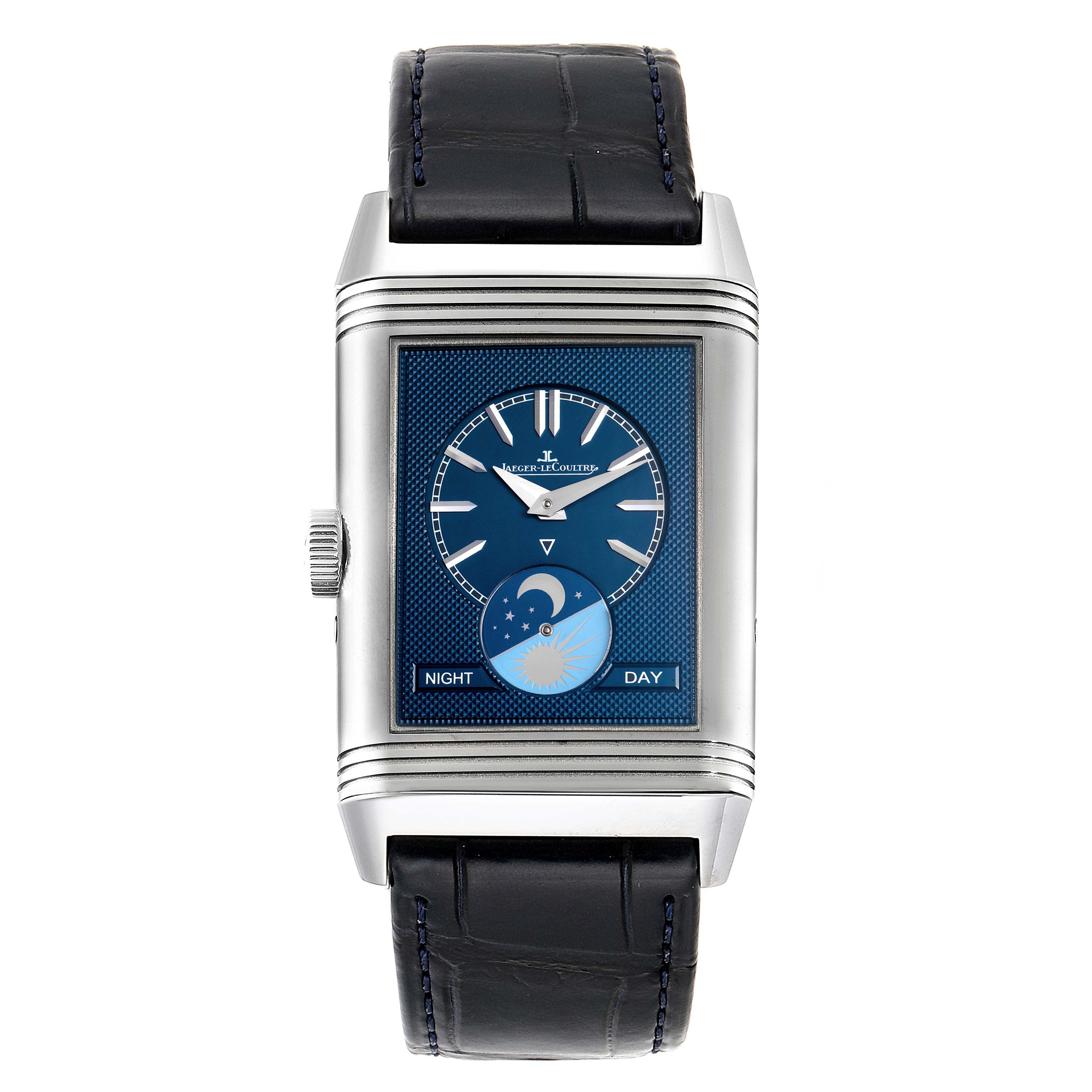 This is a front view of the Jaeger-LeCoultre Reverso watch, showing the face, dial, hands, and strap.