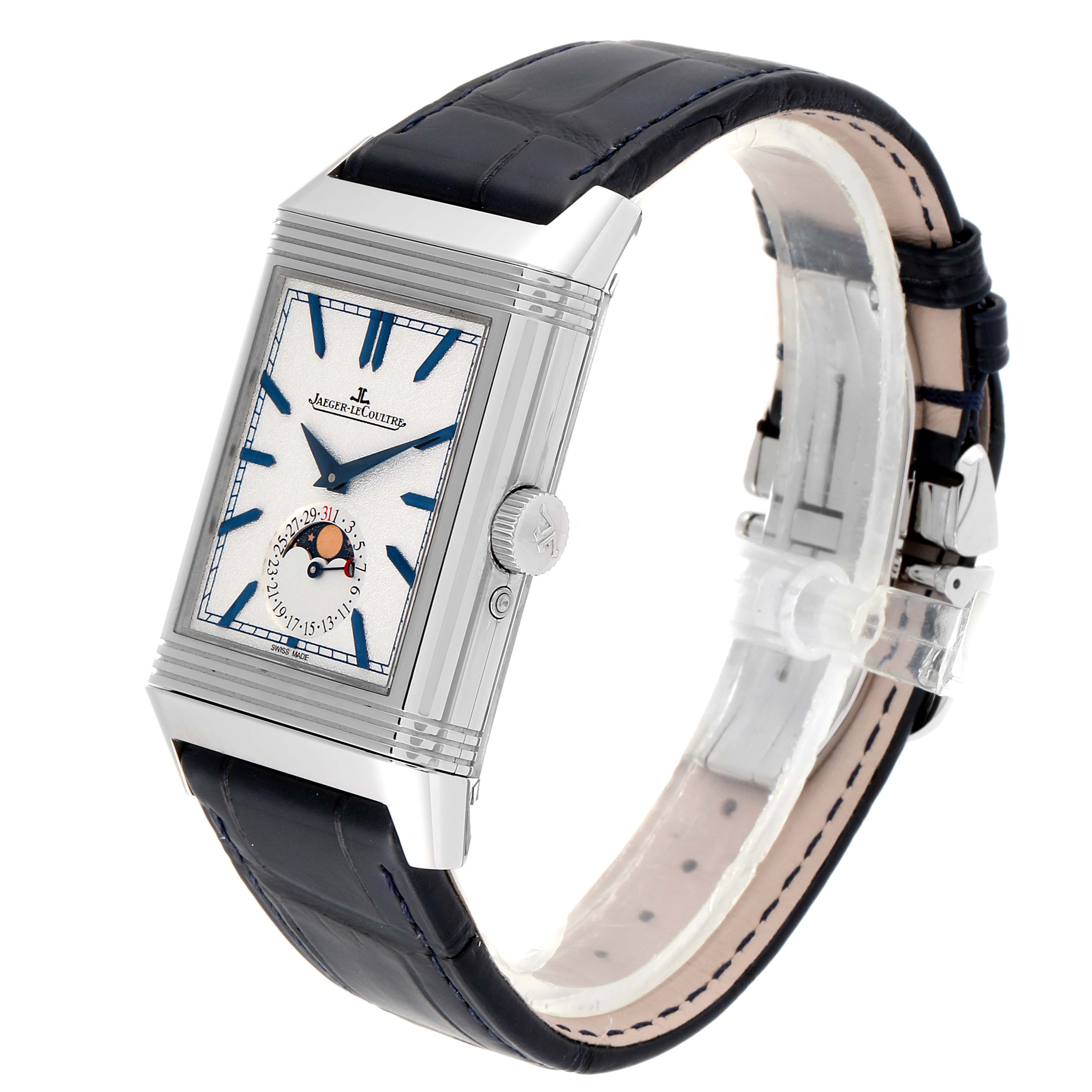 The image shows a Jaeger LeCoultre Reverso Q3958420 Men's Stainless Steel Blue Dial Q3958420 Men's Stainless Steel Blue Dial model watch at a slight angle, displaying its face, crown, and leather strap.