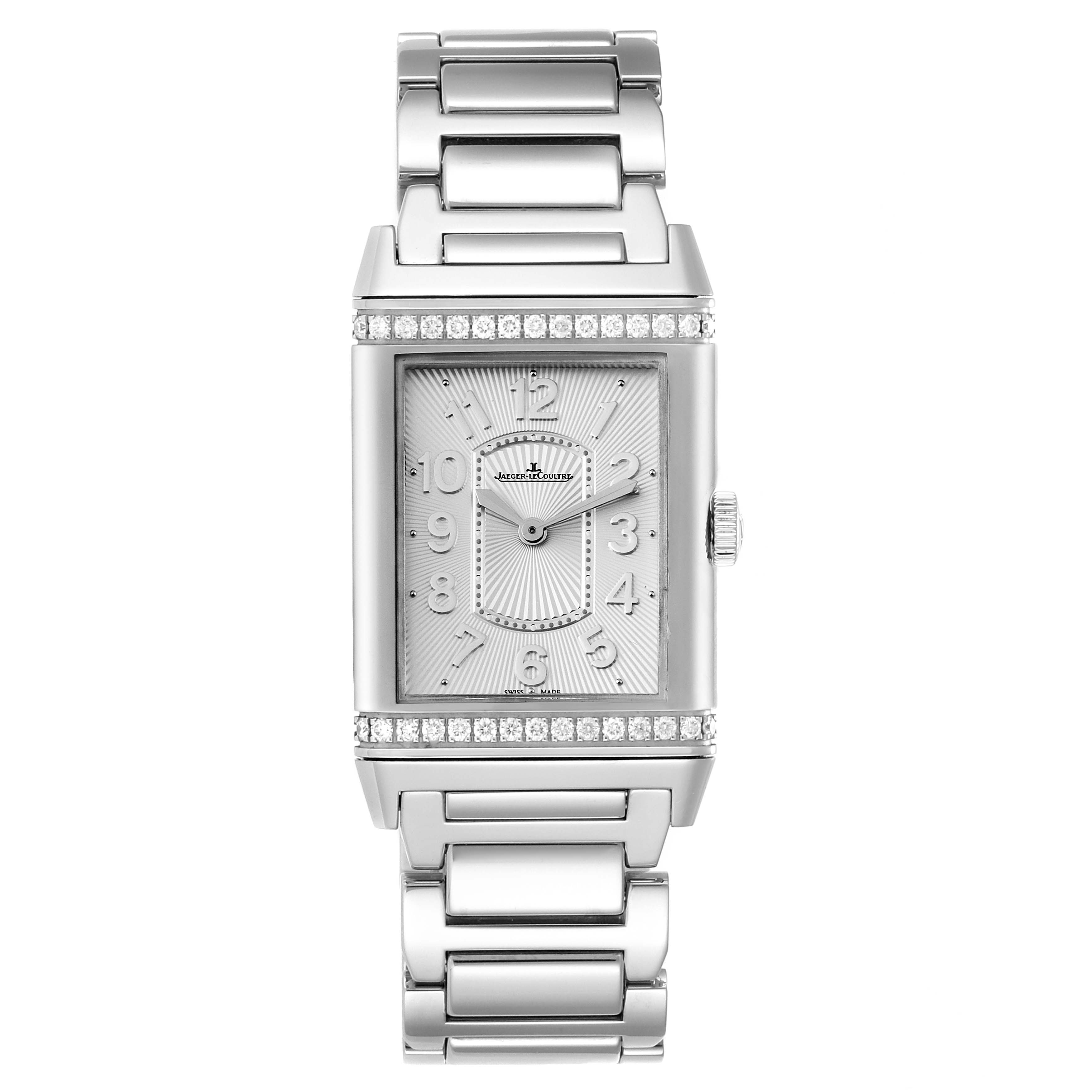 The Jaeger LeCoultre Reverso Q3208121 Women's Stainless Steel Silver Dial Q3208121 Women's Stainless Steel Silver Dial watch is shown from a front angle, displaying the face, bezel with diamonds, and bracelet.