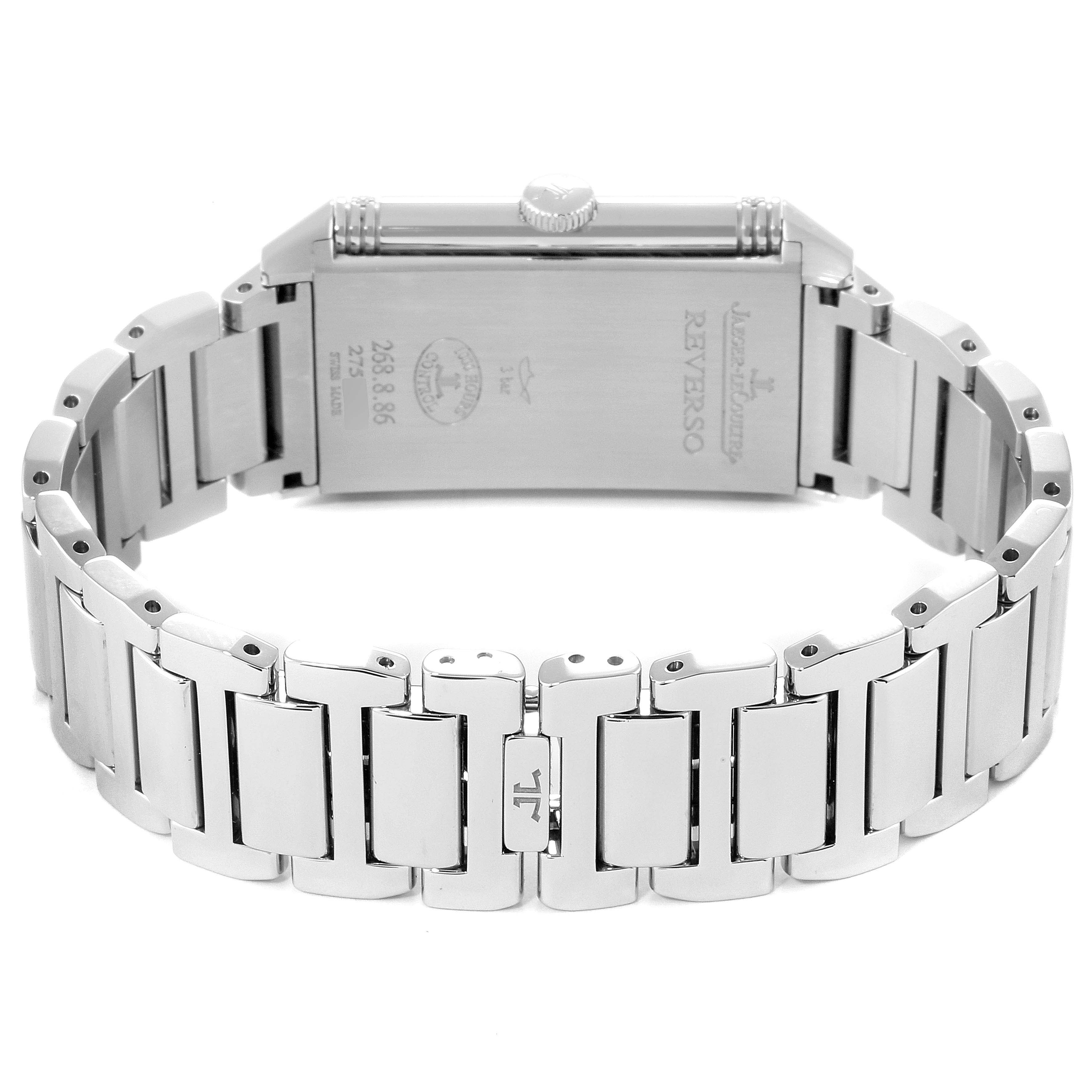 The image shows the back and side view of a Jaeger LeCoultre Reverso Q3208121 Women's Stainless Steel Silver Dial Q3208121 Women's Stainless Steel Silver Dial watch, focusing on its stainless steel bracelet and case.
