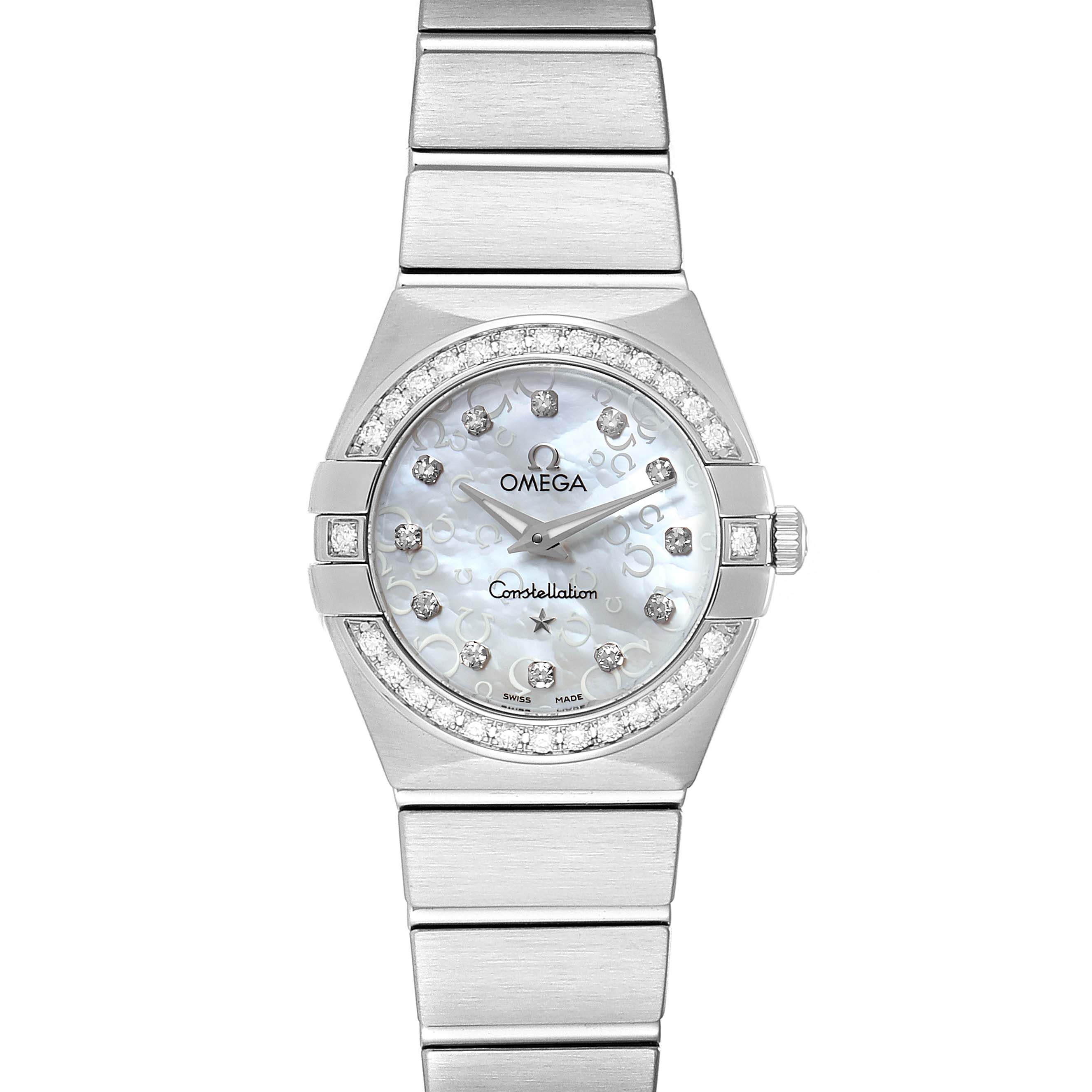 The Omega 123.15.24.60.52.001 Women's Stainless Steel Silver Dial 123.15.24.60.52.001 Women's Stainless Steel Silver Dial Constellation 27mm Diamond Ladies Watch model 123.15.24.60.52.001 is shown from the front, displaying its dial, case, and bracelet.