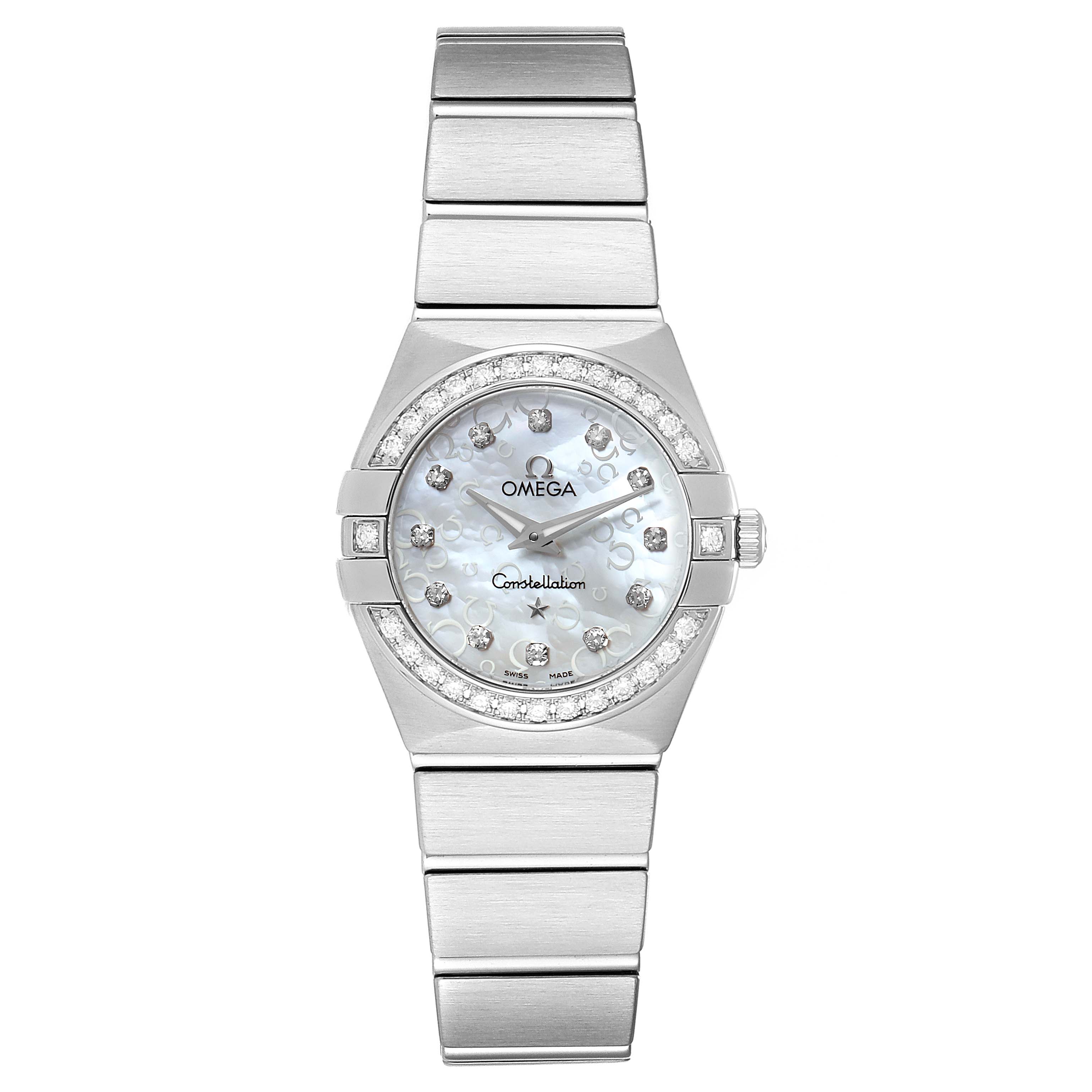 The image shows a front view of the Omega 123.15.24.60.52.001 Women's Stainless Steel Silver Dial 123.15.24.60.52.001 Women's Stainless Steel Silver Dial Constellation 27mm Diamond Ladies Watch 123.15.24.60.52.001, highlighting its dial and bracelet.