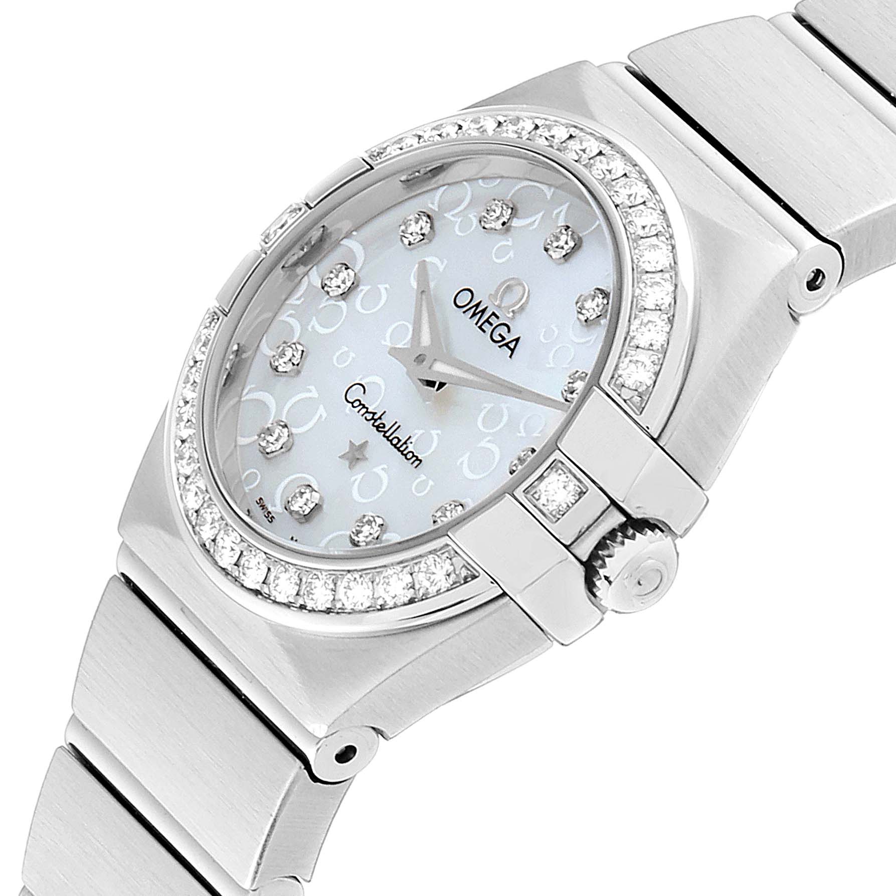 The image shows an angled view of the dial, bezel, and part of the bracelet of the Omega 123.15.24.60.52.001 Women's Stainless Steel Silver Dial 123.15.24.60.52.001 Women's Stainless Steel Silver Dial Constellation 27mm Diamond Ladies Watch 123.15.24.60.52.001.