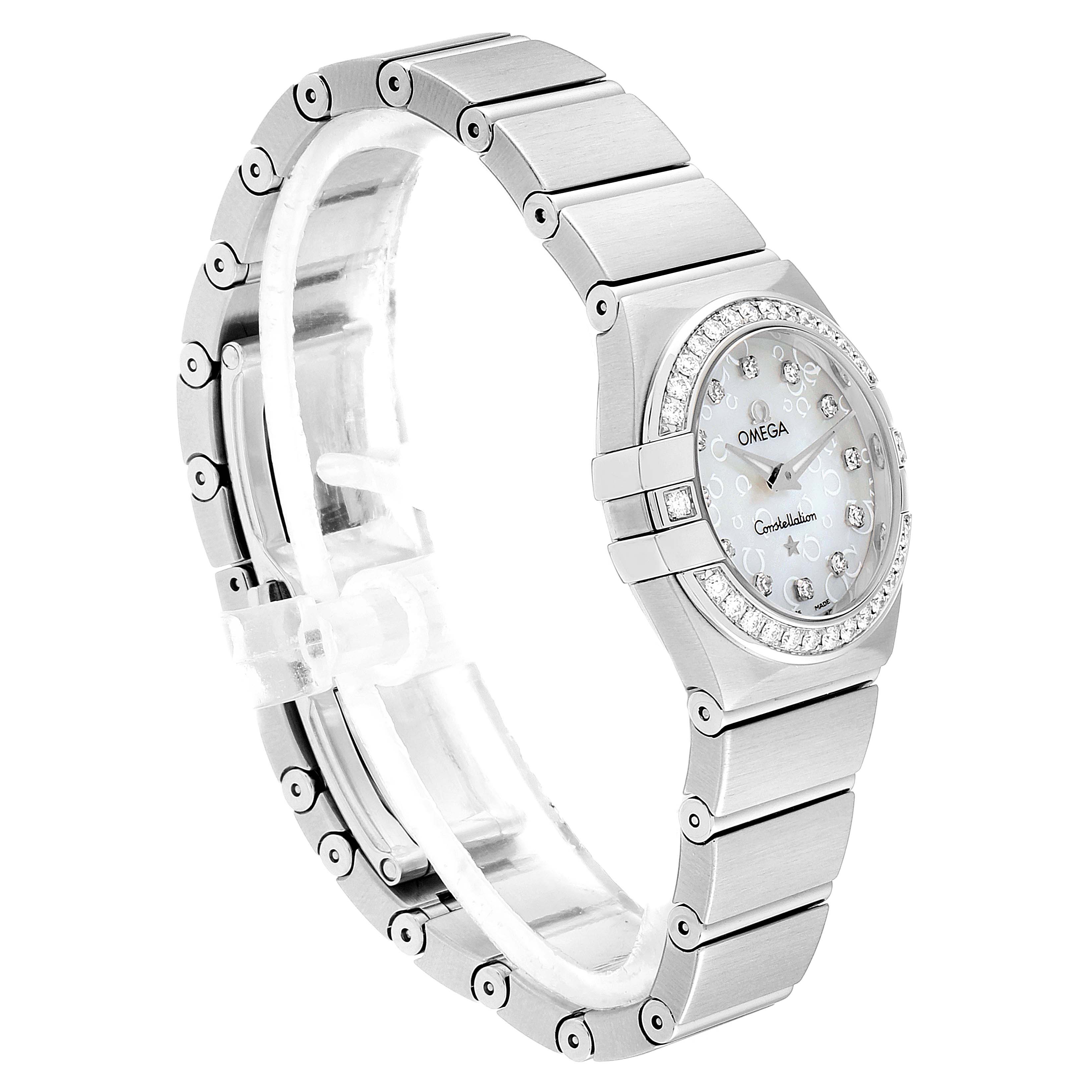 The image shows a side angle of the Omega 123.15.24.60.52.001 Women's Stainless Steel Silver Dial 123.15.24.60.52.001 Women's Stainless Steel Silver Dial Constellation 27mm Diamond Ladies Watch 123.15.24.60.52.001, focusing on its bracelet and dial.