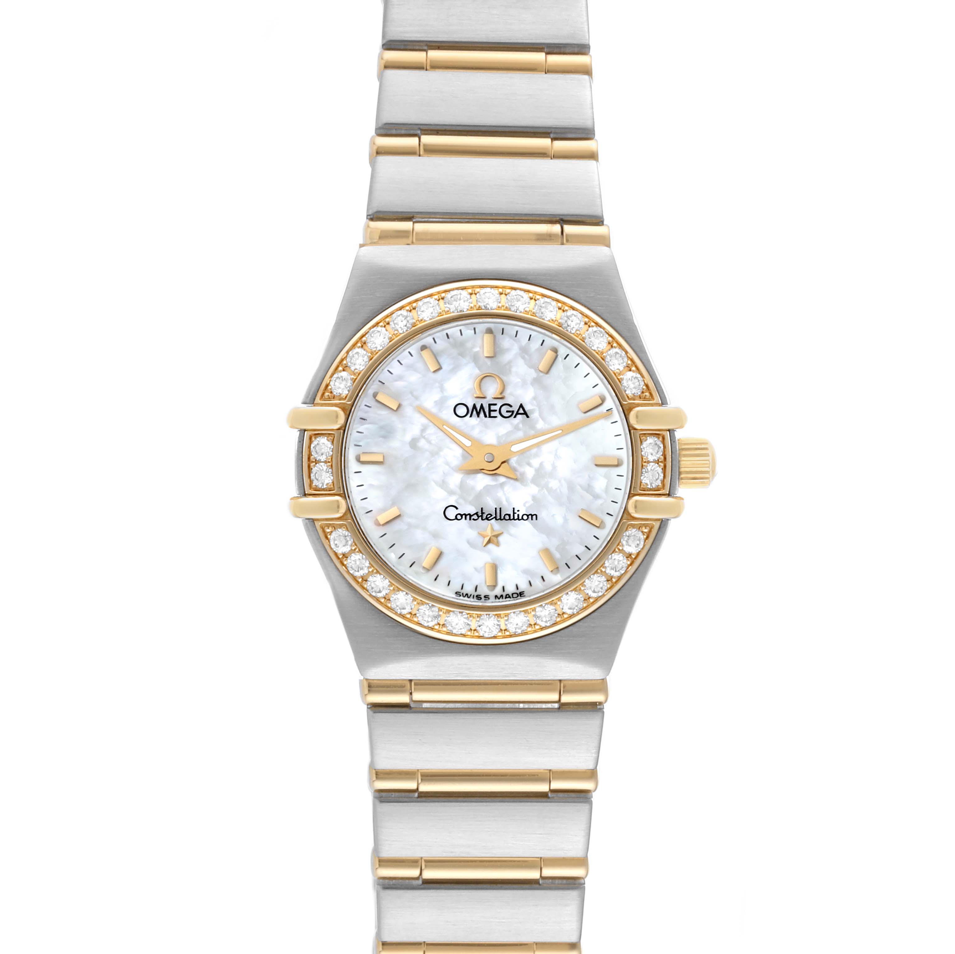 The image shows the Omega 1267.70.00 Women's Steel and Gold (two tone) Mother of Pearl Dial 1267.70.00 Women's Steel and Gold (two tone) Mother of Pearl Dial Constellation Steel Yellow Gold Mother of Pearl Diamond Watch 1267.70.00 face-on with its bracelet.