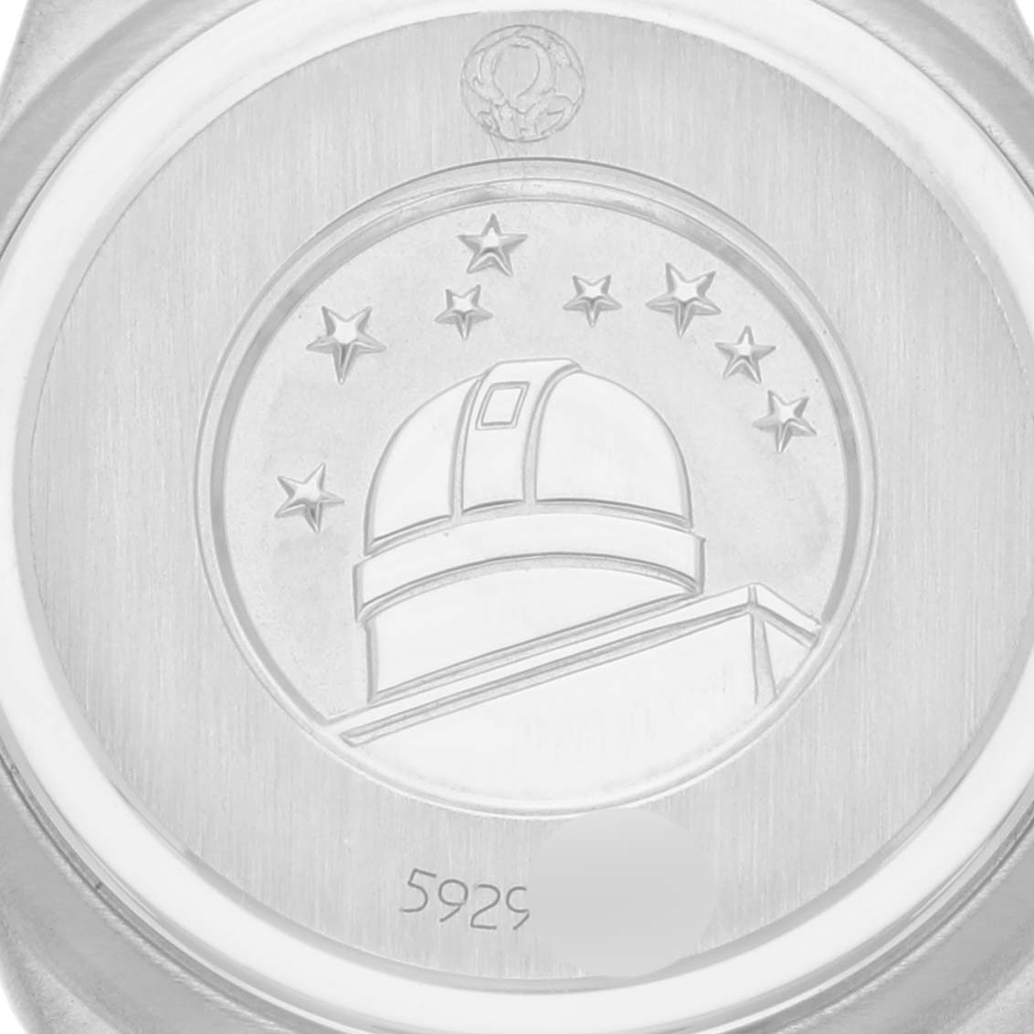 This image shows the back case of the Omega 1267.70.00 Women's Steel and Gold (two tone) Mother of Pearl Dial 1267.70.00 Women's Steel and Gold (two tone) Mother of Pearl Dial Constellation Steel Yellow Gold Mother of Pearl Diamond Watch 1267.70.00, featuring an observatory engraving.