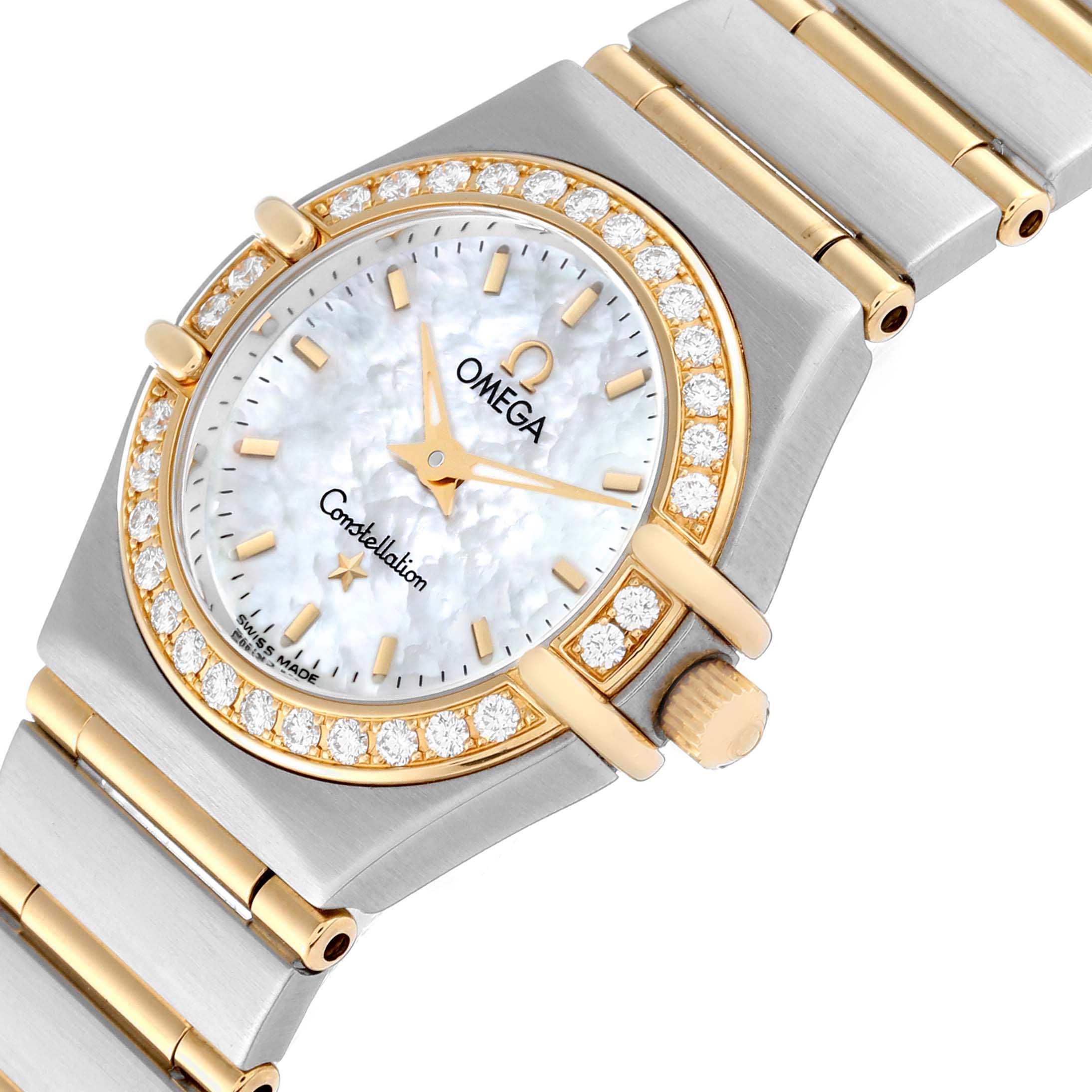 This image shows the face and partial bracelet of an Omega 1267.70.00 Women's Steel and Gold (two tone) Mother of Pearl Dial 1267.70.00 Women's Steel and Gold (two tone) Mother of Pearl Dial Constellation Steel Yellow Gold Mother of Pearl Diamond Watch 1267.70.00 at an angle.