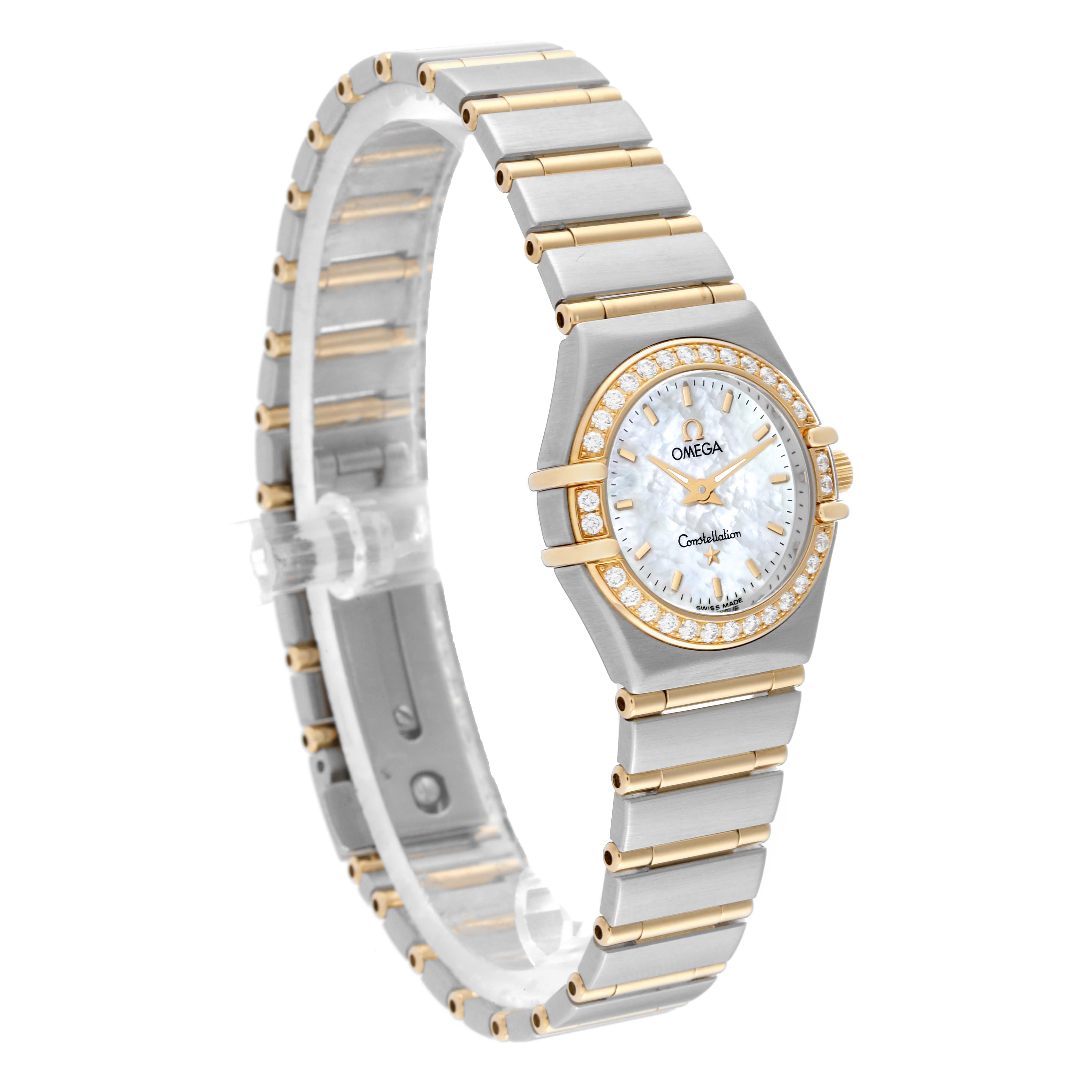 The image shows an angled view of the Omega 1267.70.00 Women's Steel and Gold (two tone) Mother of Pearl Dial 1267.70.00 Women's Steel and Gold (two tone) Mother of Pearl Dial Constellation Steel Yellow Gold Mother of Pearl Diamond Watch 1267.70.00, highlighting its band and watch face.