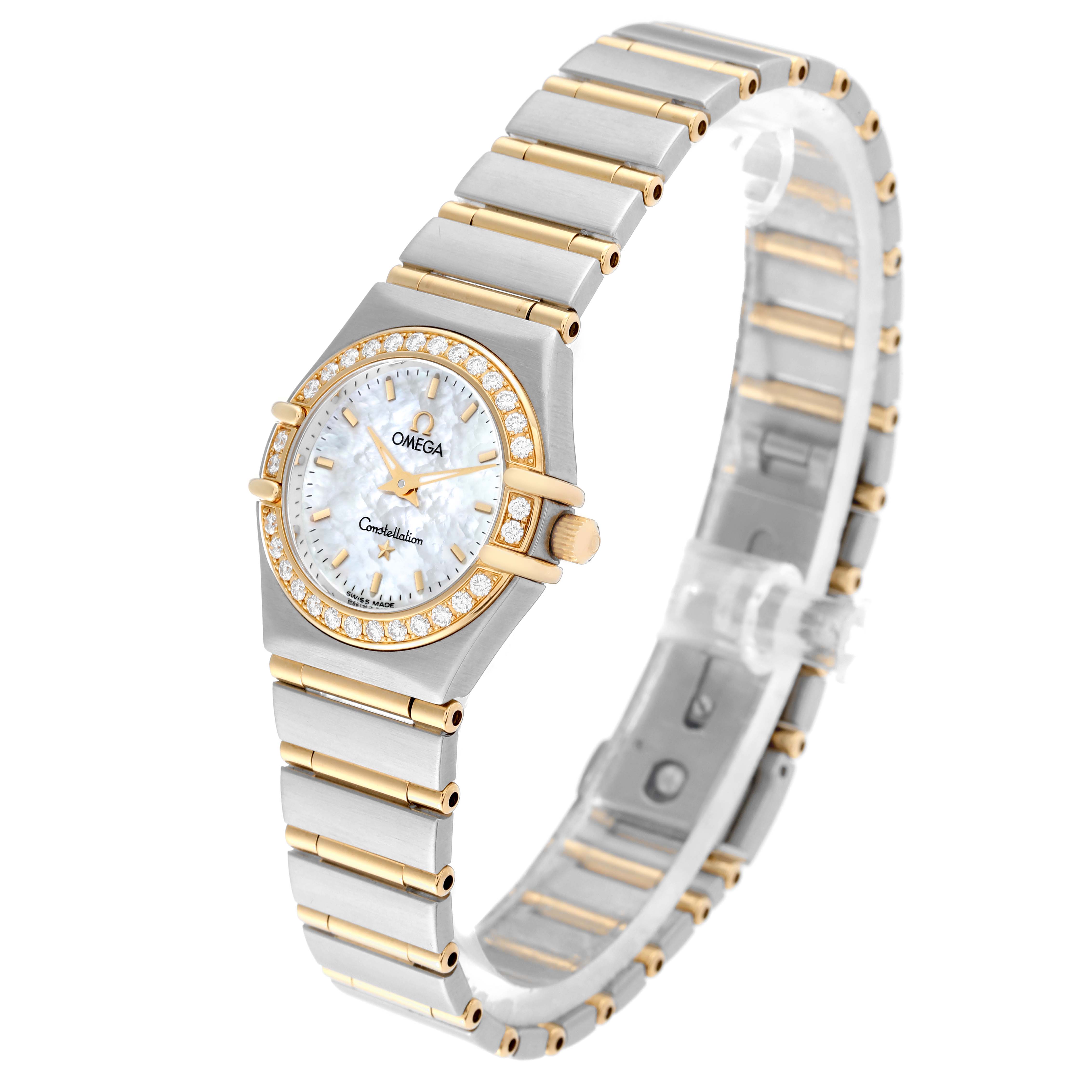 The Omega 1267.70.00 Women's Steel and Gold (two tone) Mother of Pearl Dial 1267.70.00 Women's Steel and Gold (two tone) Mother of Pearl Dial Constellation 1267.70.00 watch is shown at a slight angle, highlighting its face, bezel, and bracelet.
