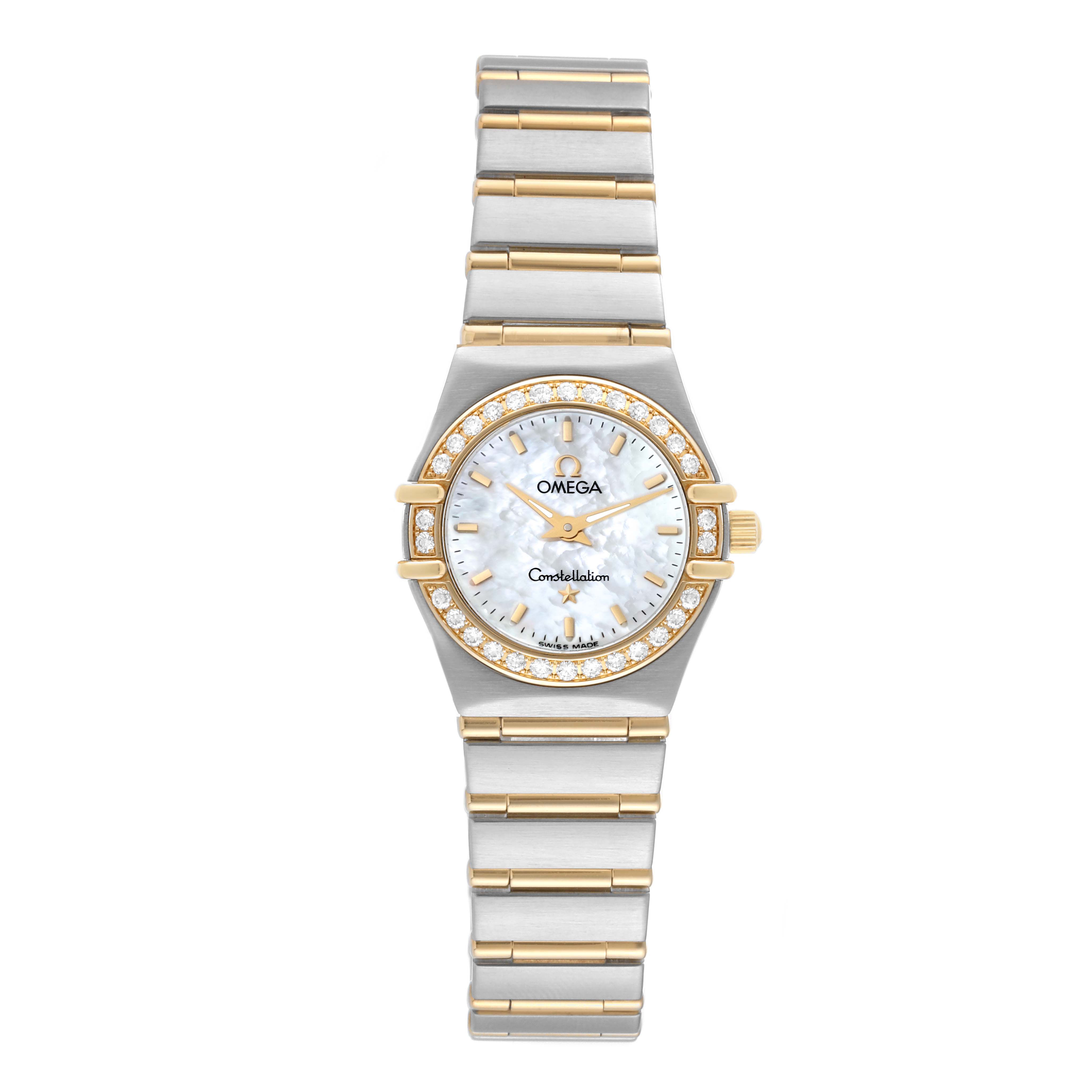 The Omega 1267.70.00 Women's Steel and Gold (two tone) Mother of Pearl Dial 1267.70.00 Women's Steel and Gold (two tone) Mother of Pearl Dial Constellation 1267.70.00 Steel Yellow Gold Mother of Pearl Diamond Watch is shown from a top-down angle, displaying the face and band.