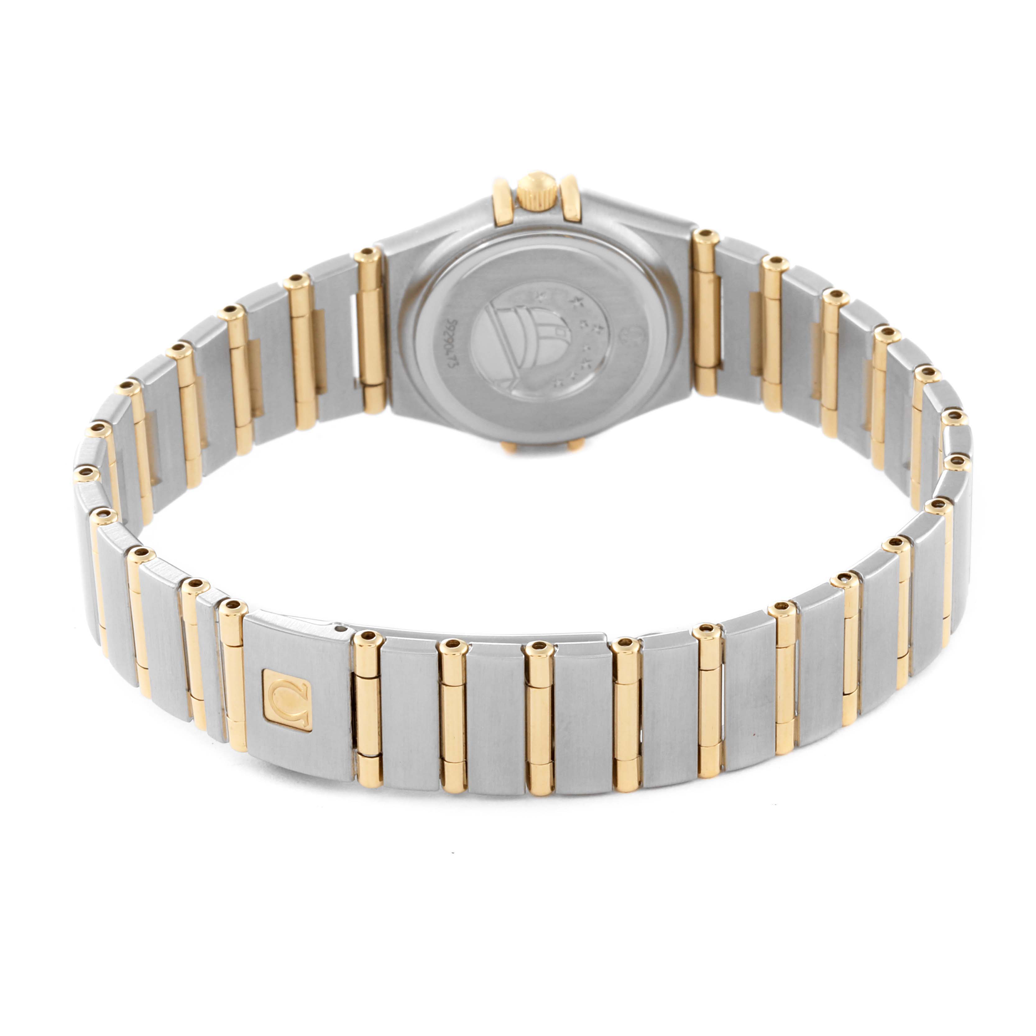 This image shows the back and bracelet of the Omega 1267.70.00 Women's Steel and Gold (two tone) Mother of Pearl Dial 1267.70.00 Women's Steel and Gold (two tone) Mother of Pearl Dial Constellation Steel Yellow Gold Mother of Pearl Diamond Watch 1267.70.00.