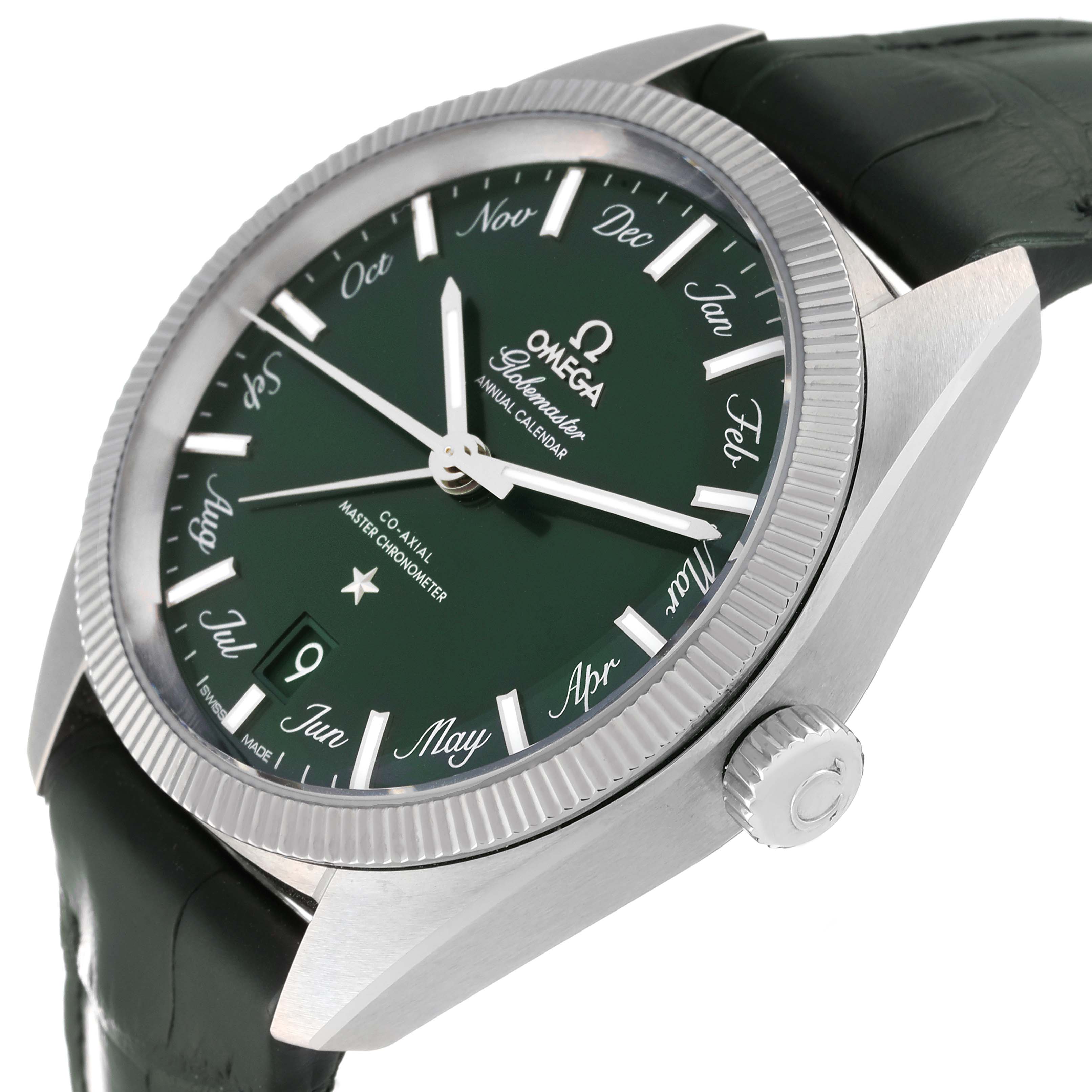 The Omega Constellation 130.33.41.22.10.001 Men's Stainless Steel Green Dial 130.33.41.22.10.001 Men's Stainless Steel Green Dial watch is shown at an angle displaying the face, bezel, crown, and part of the strap.