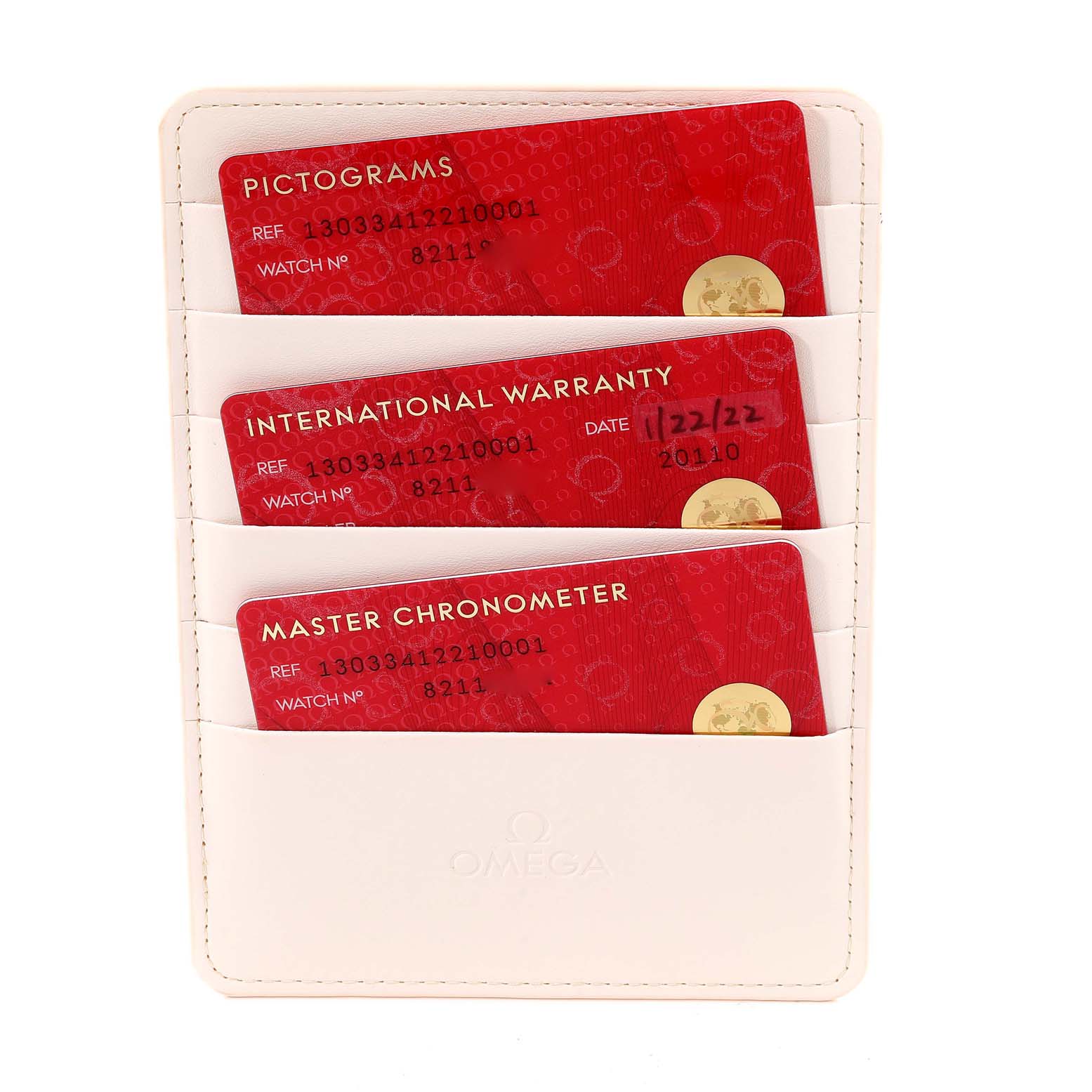 This image shows Omega Constellation 130.33.41.22.10.001 Men's Stainless Steel Green Dial 130.33.41.22.10.001 Men's Stainless Steel Green Dial model's pictograms, international warranty, and master chronometer cards in a cardholder.