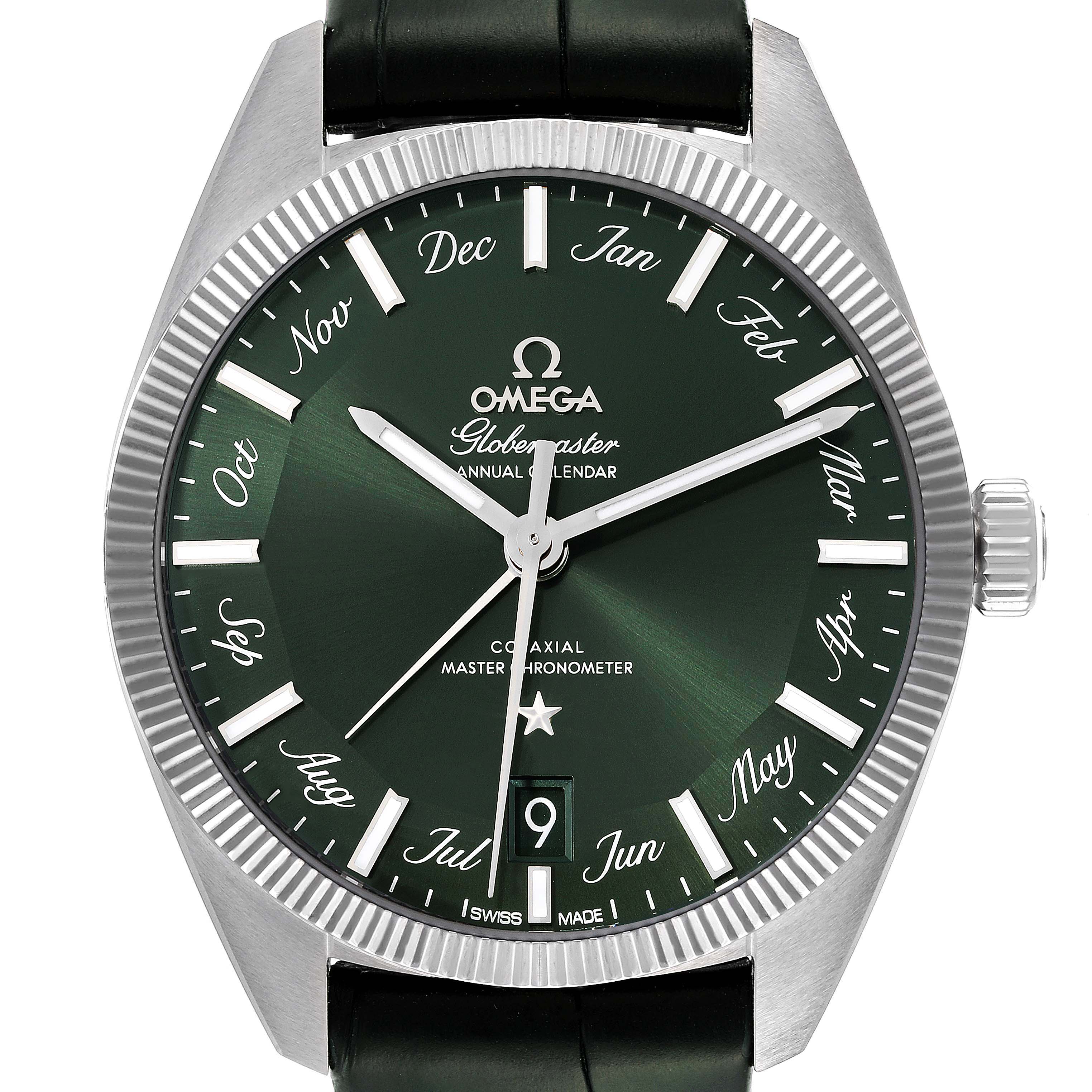 The image shows a front view of the Omega Constellation 130.33.41.22.10.001 Men's Stainless Steel Green Dial 130.33.41.22.10.001 Men's Stainless Steel Green Dial Globemaster watch, highlighting its green dial and calendar feature.