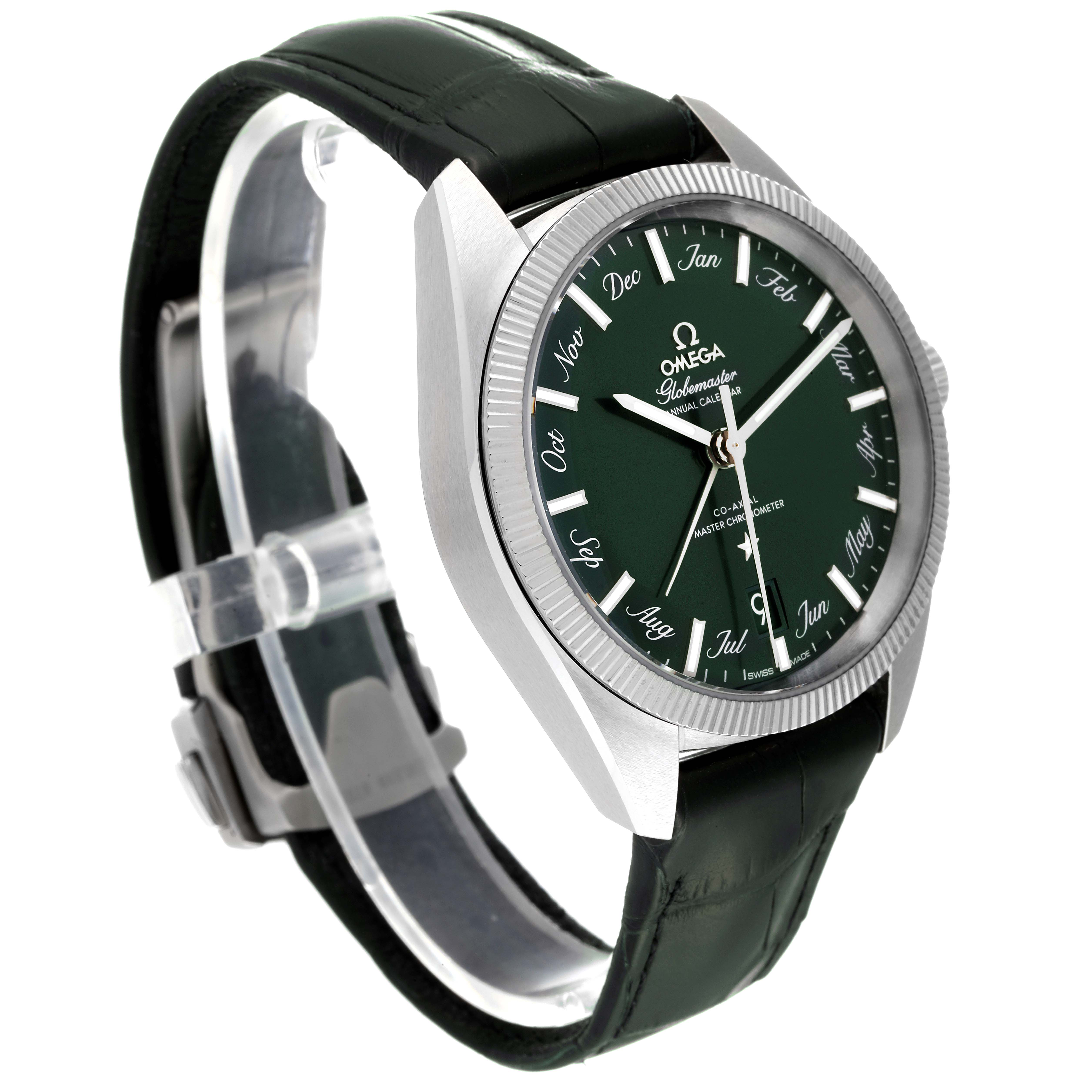 This Omega Constellation 130.33.41.22.10.001 Men's Stainless Steel Green Dial 130.33.41.22.10.001 Men's Stainless Steel Green Dial watch is shown from a three-quarter angle, highlighting its green dial, case, and leather strap.
