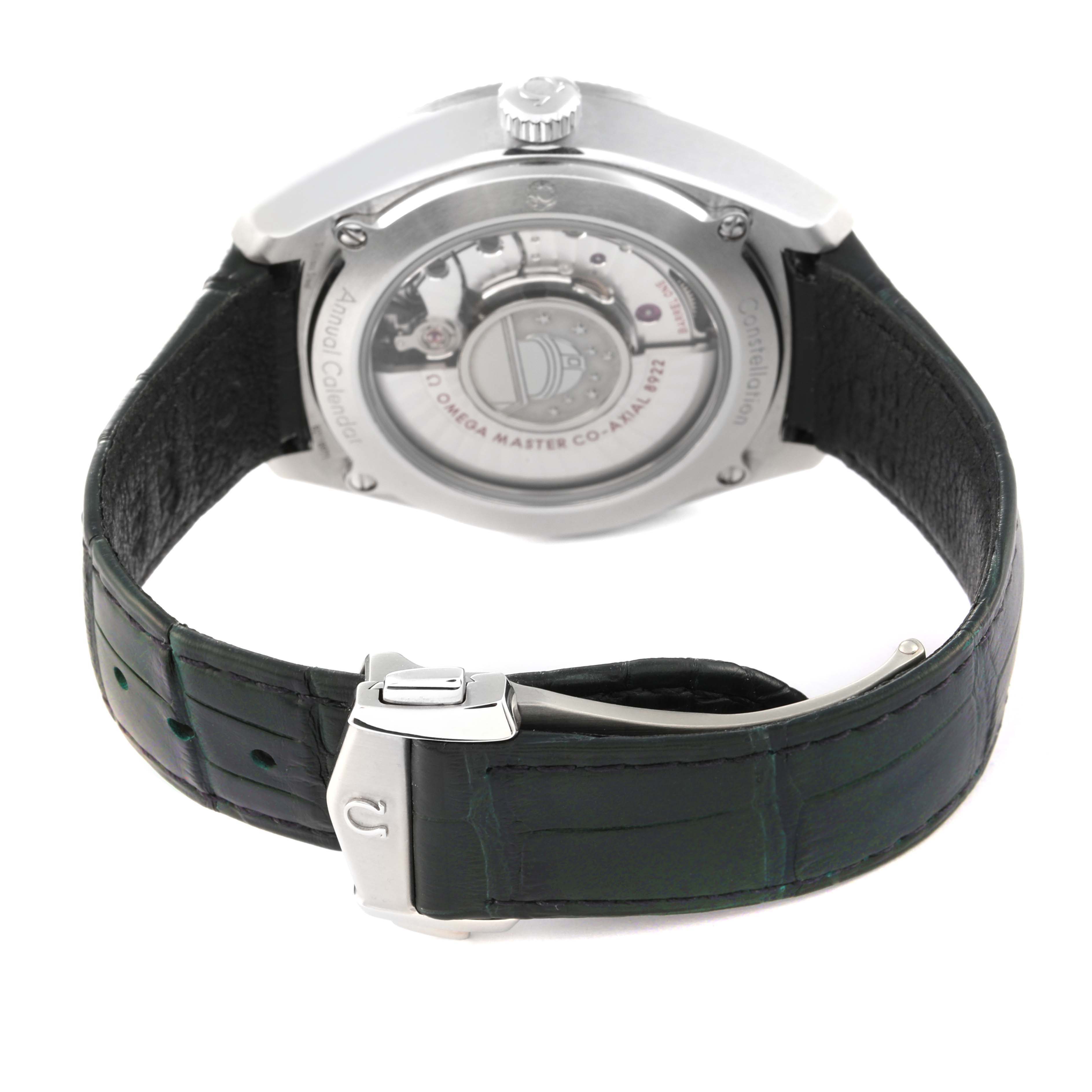 The image shows the back view of the Omega Constellation 130.33.41.22.10.001 Men's Stainless Steel Green Dial 130.33.41.22.10.001 Men's Stainless Steel Green Dial watch, including its transparent case back and leather strap with a clasp.