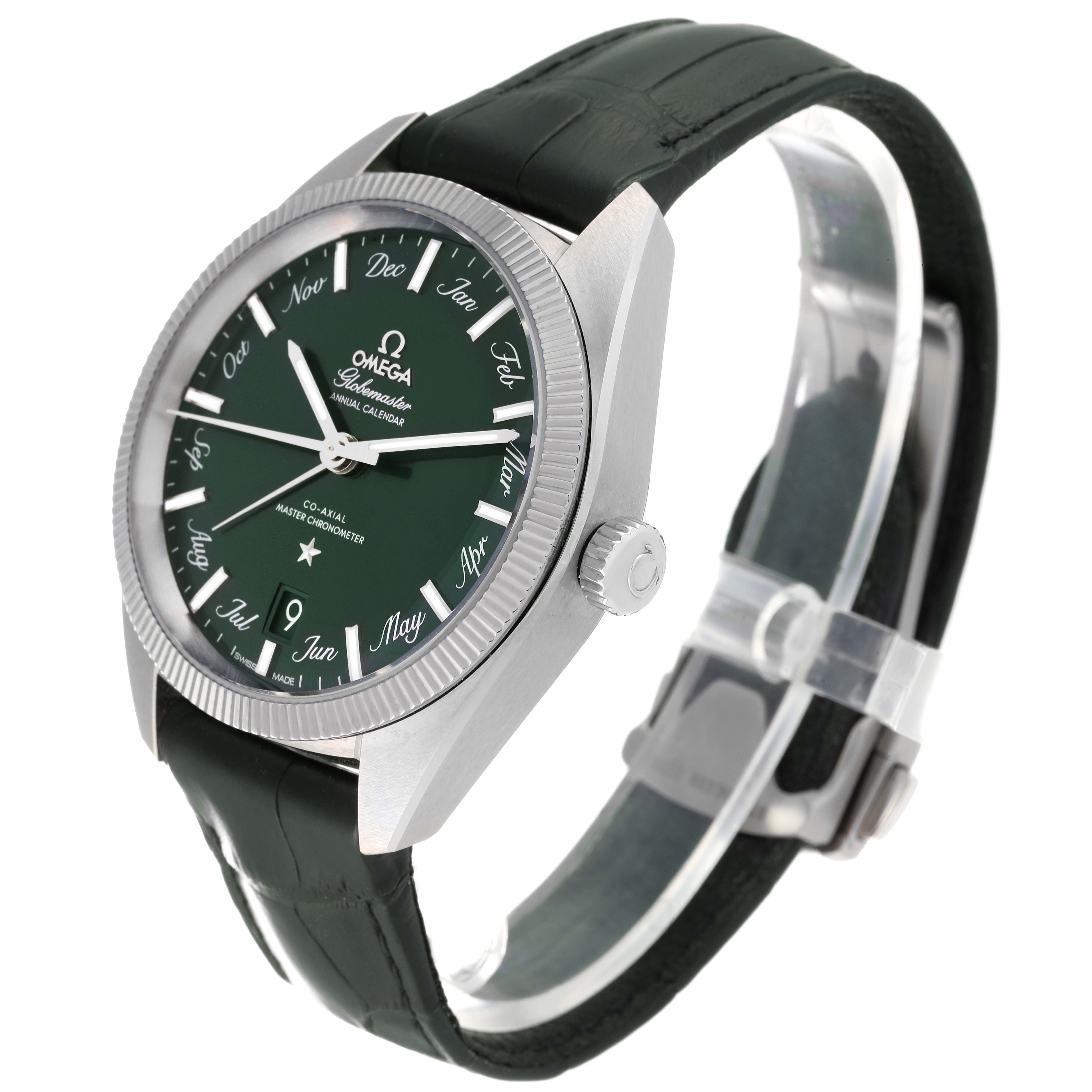 The Omega Constellation 130.33.41.22.10.001 Men's Stainless Steel Green Dial 130.33.41.22.10.001 Men's Stainless Steel Green Dial watch is shown at a three-quarter angle, highlighting its green dial, bezel, and leather strap.