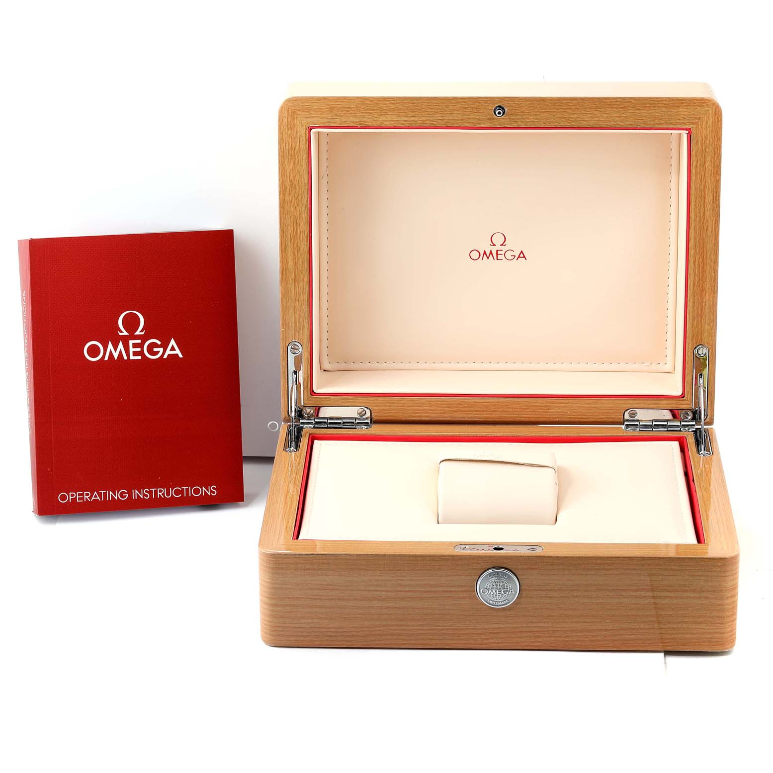 The image shows an open box for the Omega Planet Ocean 215.63.46.22.01.001 Men's Rose Gold Black Dial 215.63.46.22.01.001 Men's Rose Gold Black Dial watch, along with an operating instructions booklet beside it.