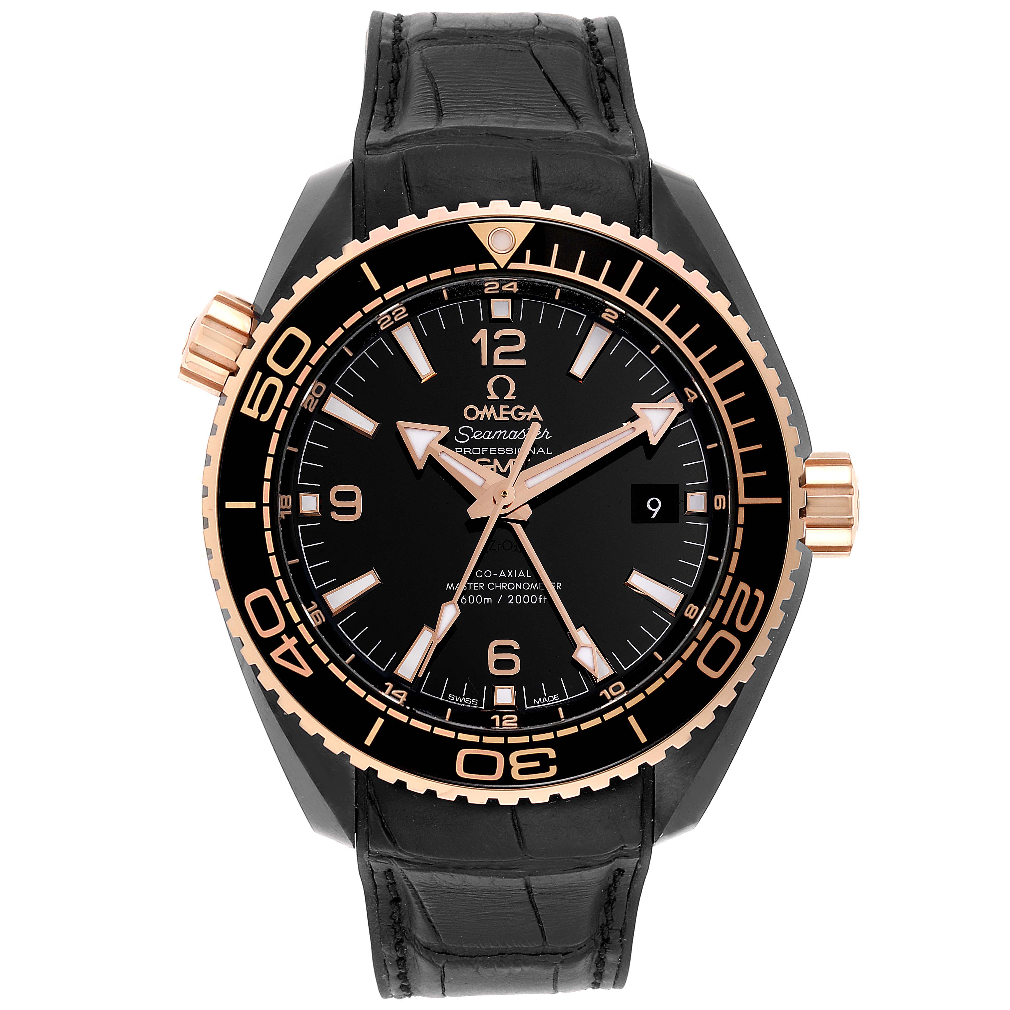 The image shows a front view of an Omega Planet Ocean 215.63.46.22.01.001 Men's Rose Gold Black Dial 215.63.46.22.01.001 Men's Rose Gold Black Dial watch, featuring its face, bezel, crown, and strap.