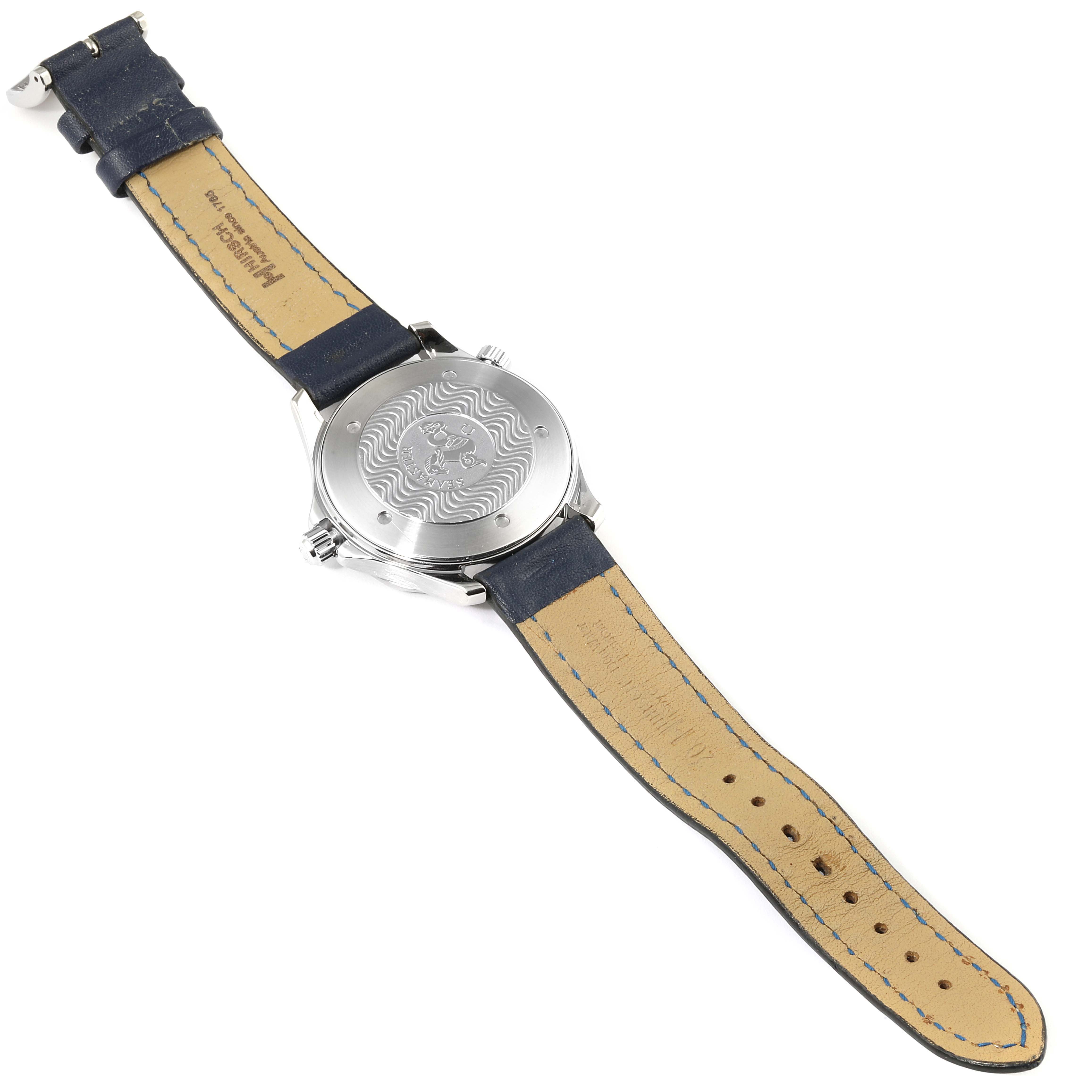 This image shows the back side of an Omega Seamaster 2255.80.00 Men
s Stainless Steel Blue Dial 2255.80.00 Men
s Stainless Steel Blue Dial watch, highlighting the case back and leather strap.
