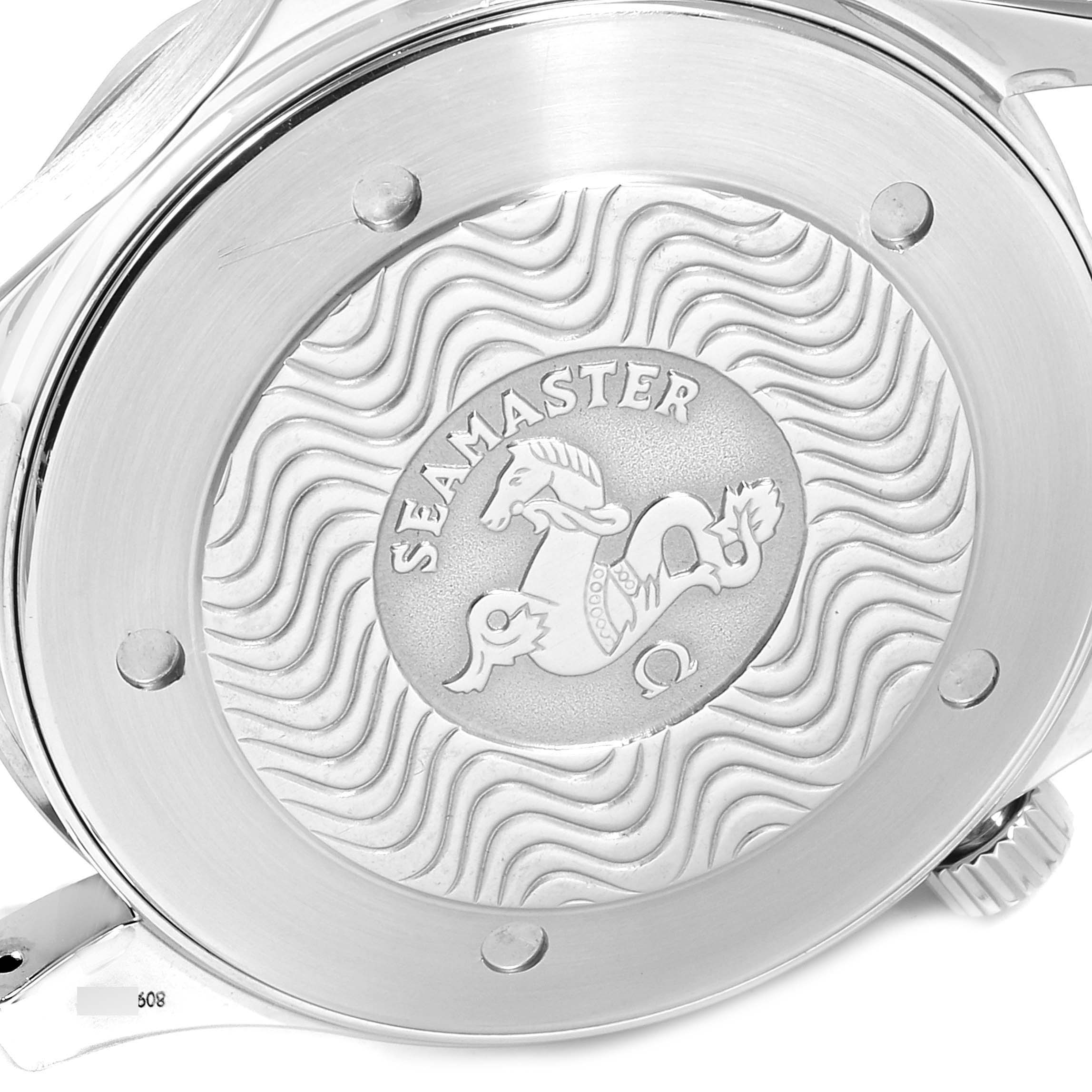 This image shows the case back of an Omega Seamaster 2255.80.00 Men
s Stainless Steel Blue Dial 2255.80.00 Men
s Stainless Steel Blue Dial watch, including the decorative engraving.