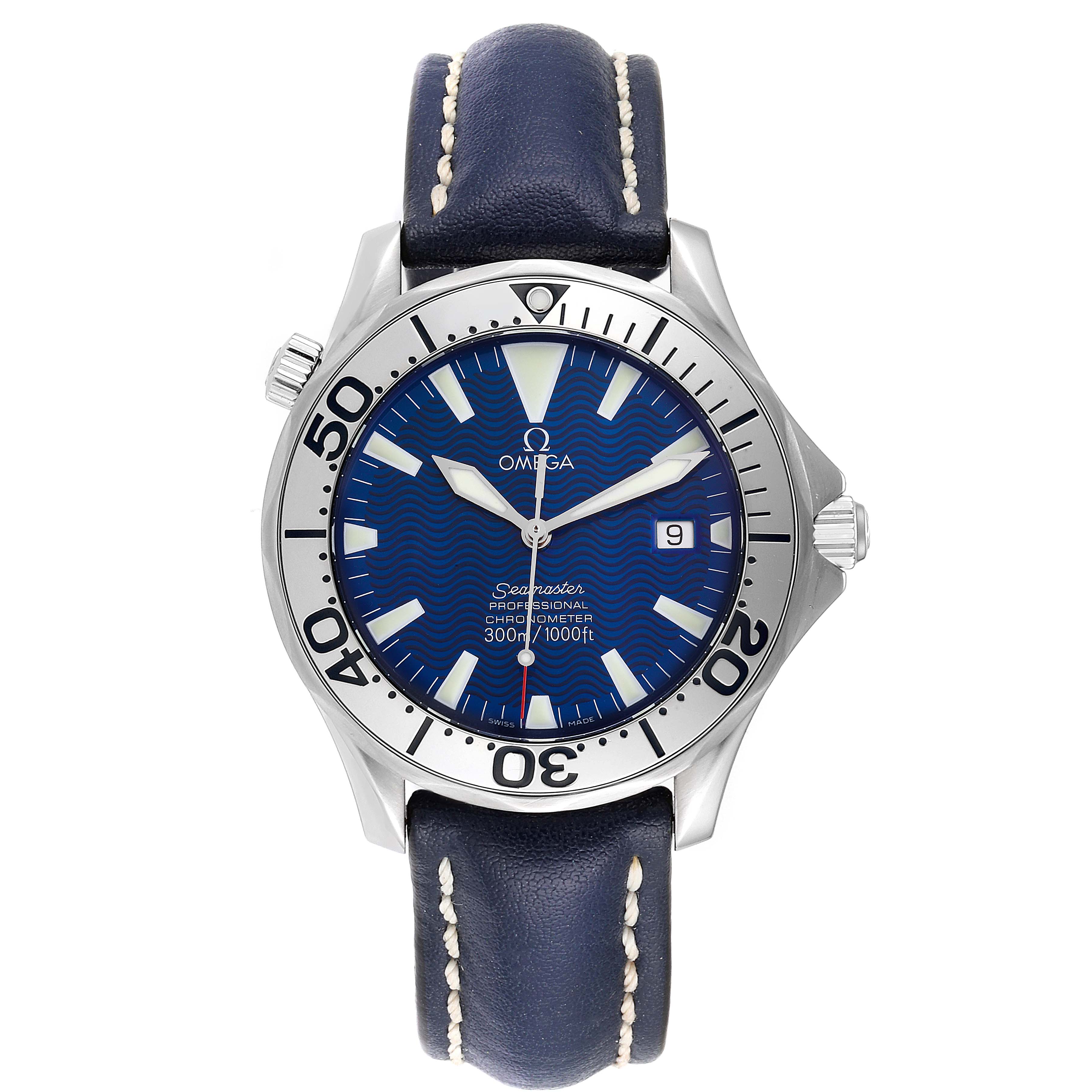 The image shows a front view of the Omega Seamaster 2255.80.00 Men
s Stainless Steel Blue Dial 2255.80.00 Men
s Stainless Steel Blue Dial watch, highlighting its blue dial, bezel, and leather strap.