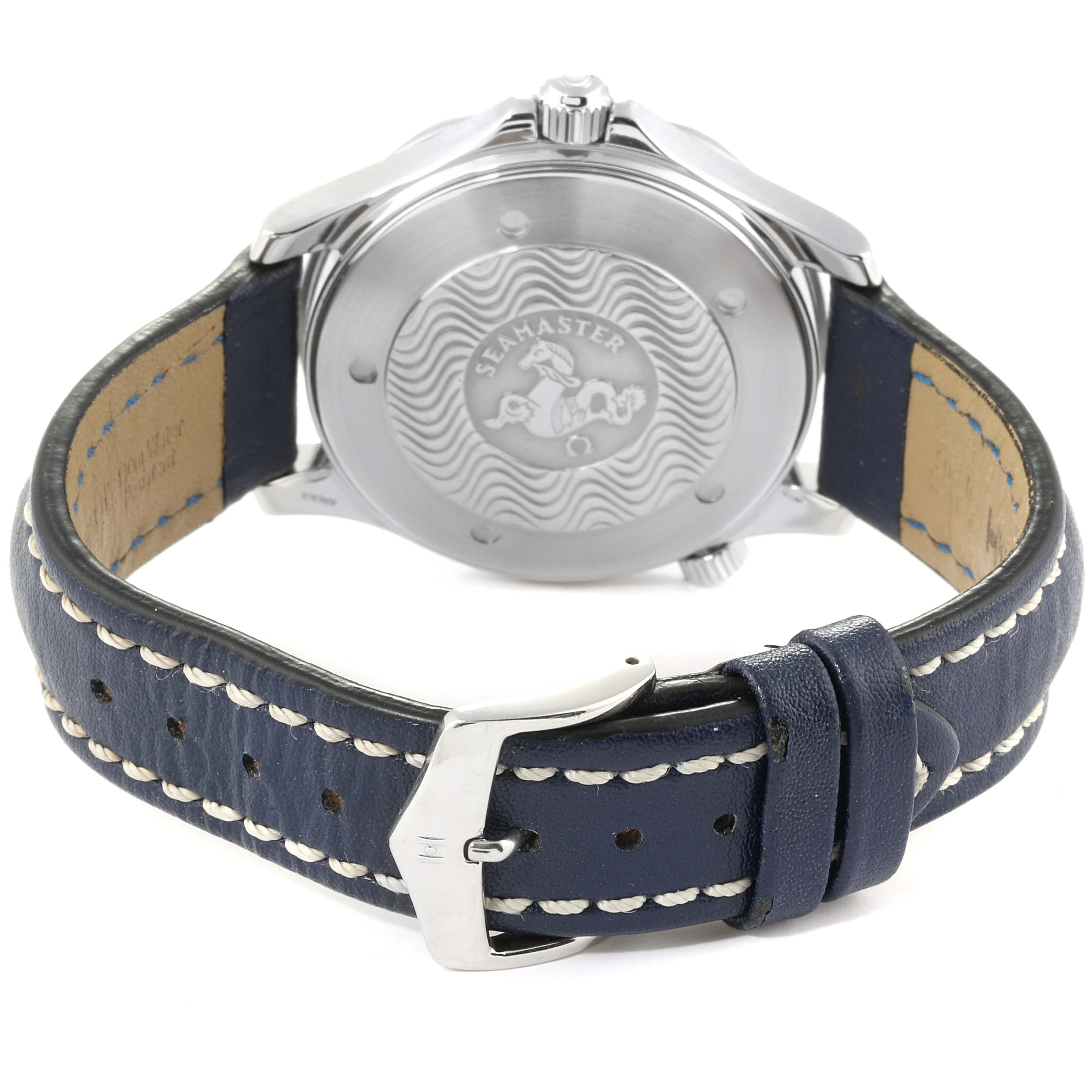 This image shows the back view of an Omega Seamaster 2255.80.00 Men
s Stainless Steel Blue Dial 2255.80.00 Men
s Stainless Steel Blue Dial watch, focusing on the case back and the blue leather strap with white stitching.