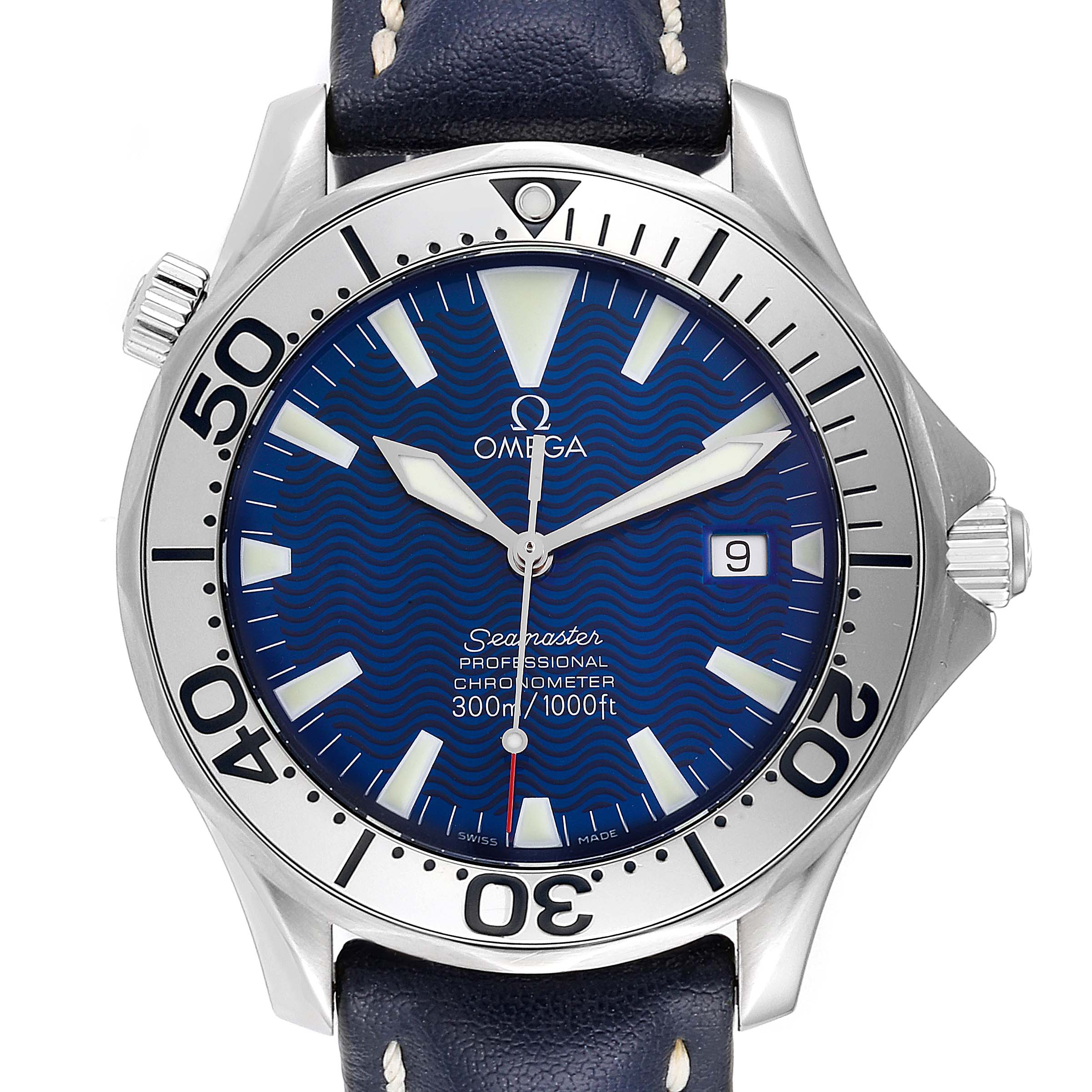 The image shows a front view of an Omega Seamaster 2255.80.00 Men
s Stainless Steel Blue Dial 2255.80.00 Men
s Stainless Steel Blue Dial watch, displaying its dial, bezel, case, crown, and part of the strap.