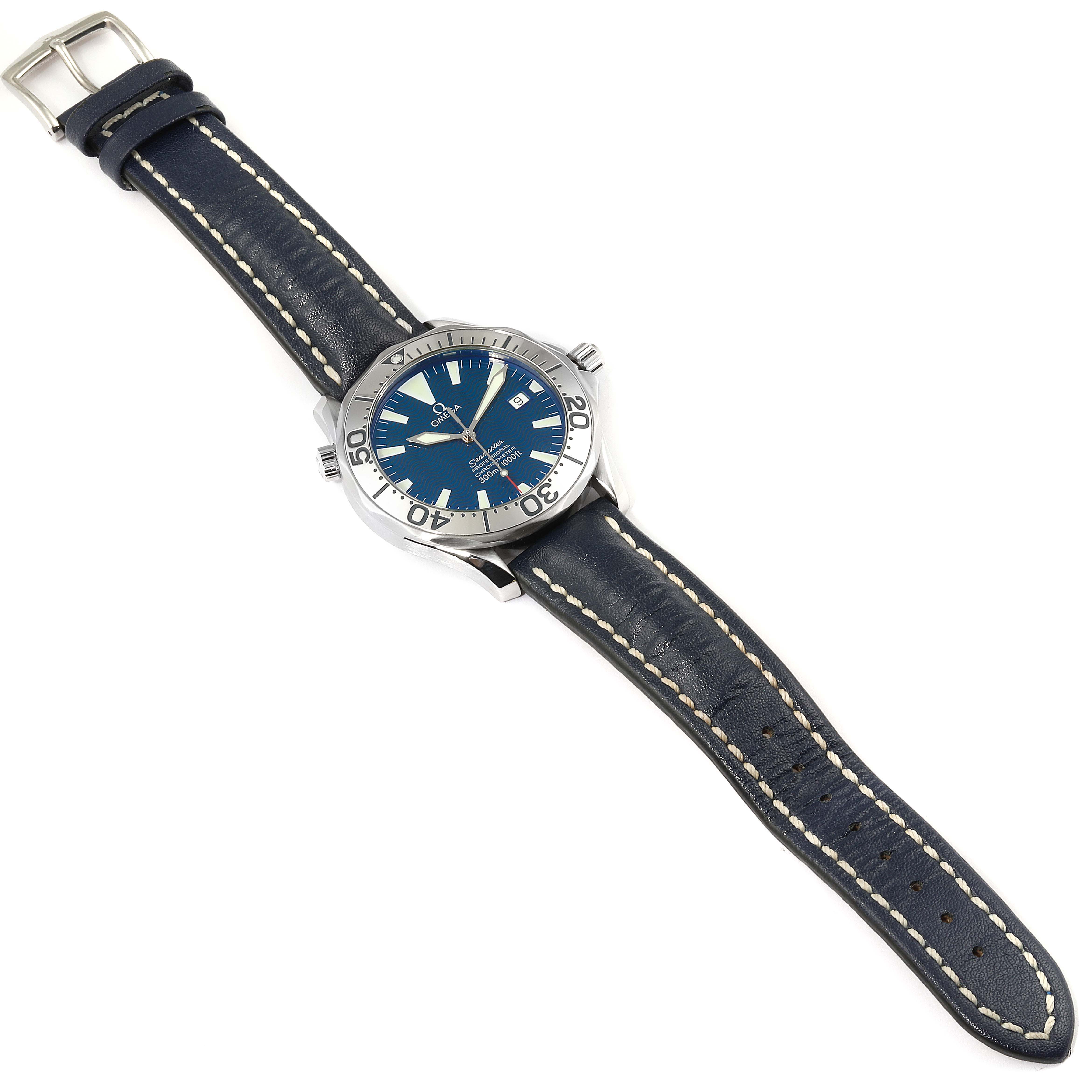 The image shows an Omega Seamaster 2255.80.00 Men
s Stainless Steel Blue Dial 2255.80.00 Men
s Stainless Steel Blue Dial watch from a top-down angle, featuring the dial, bezel, case, and leather strap.