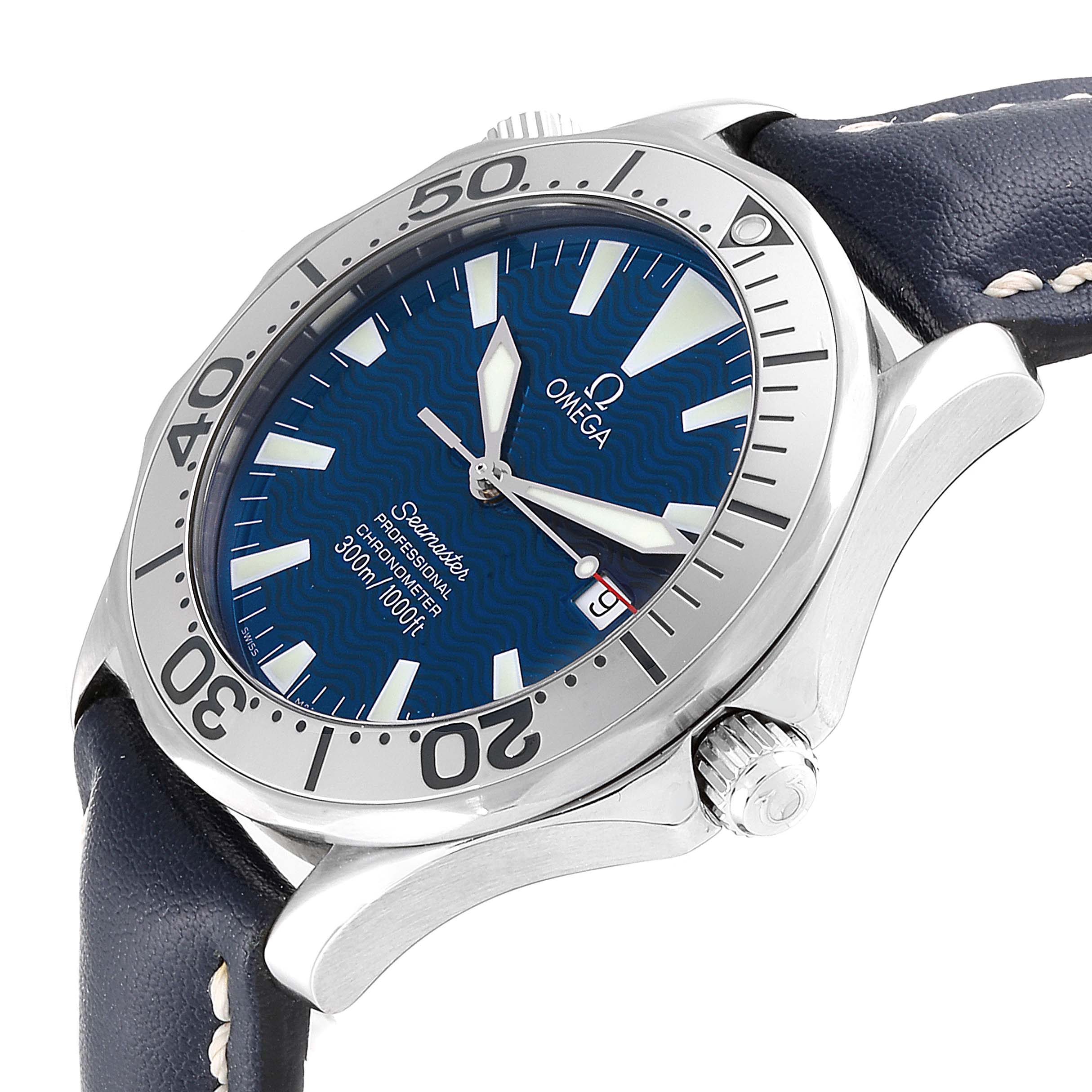 The image shows an angled view of the Omega Seamaster 2255.80.00 Men
s Stainless Steel Blue Dial 2255.80.00 Men
s Stainless Steel Blue Dial watch displaying the dial, bezel, crown, and part of the leather strap.