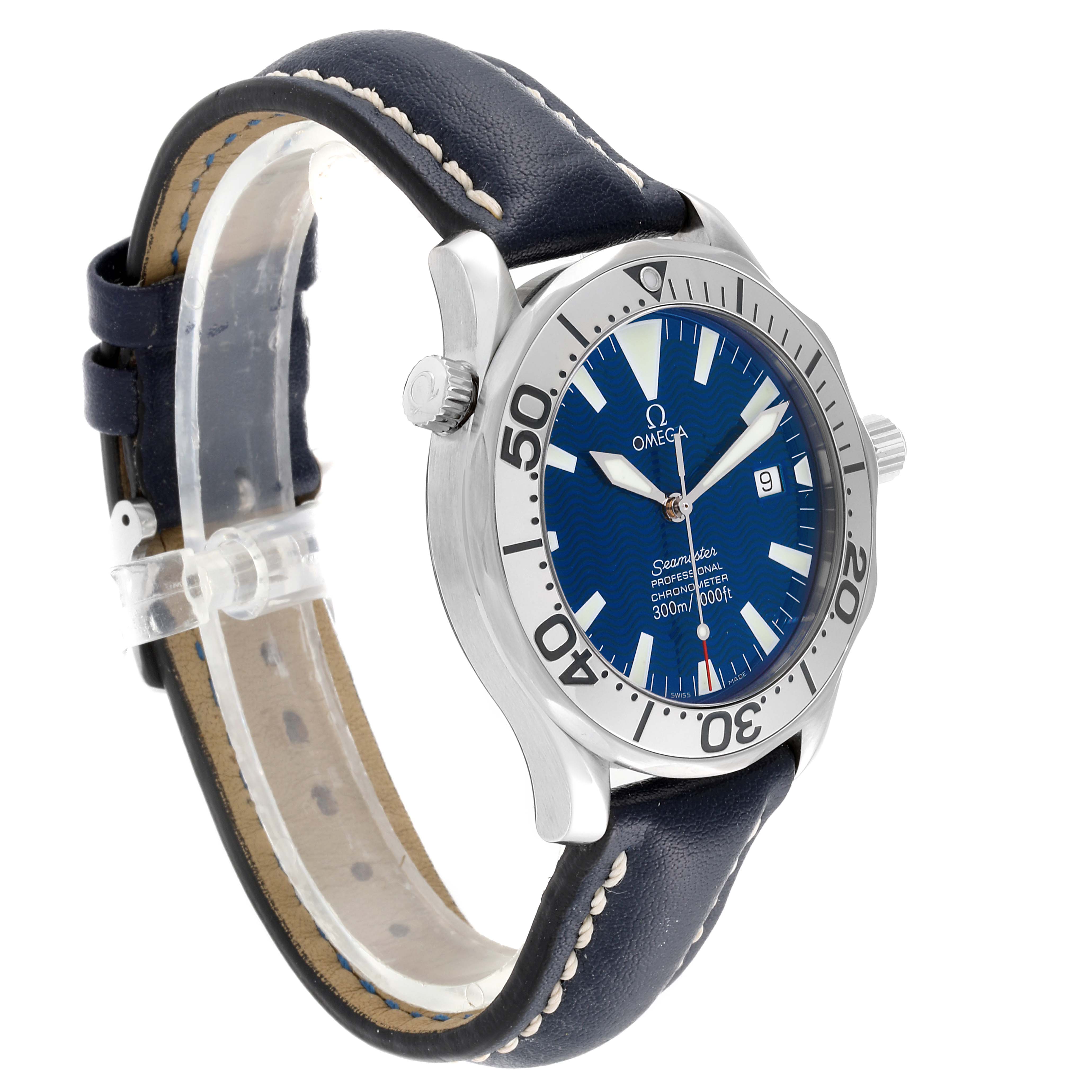 The Omega Seamaster 2255.80.00 Men
s Stainless Steel Blue Dial 2255.80.00 Men
s Stainless Steel Blue Dial watch is shown at an angle revealing the face, bezel, crown, and strap.