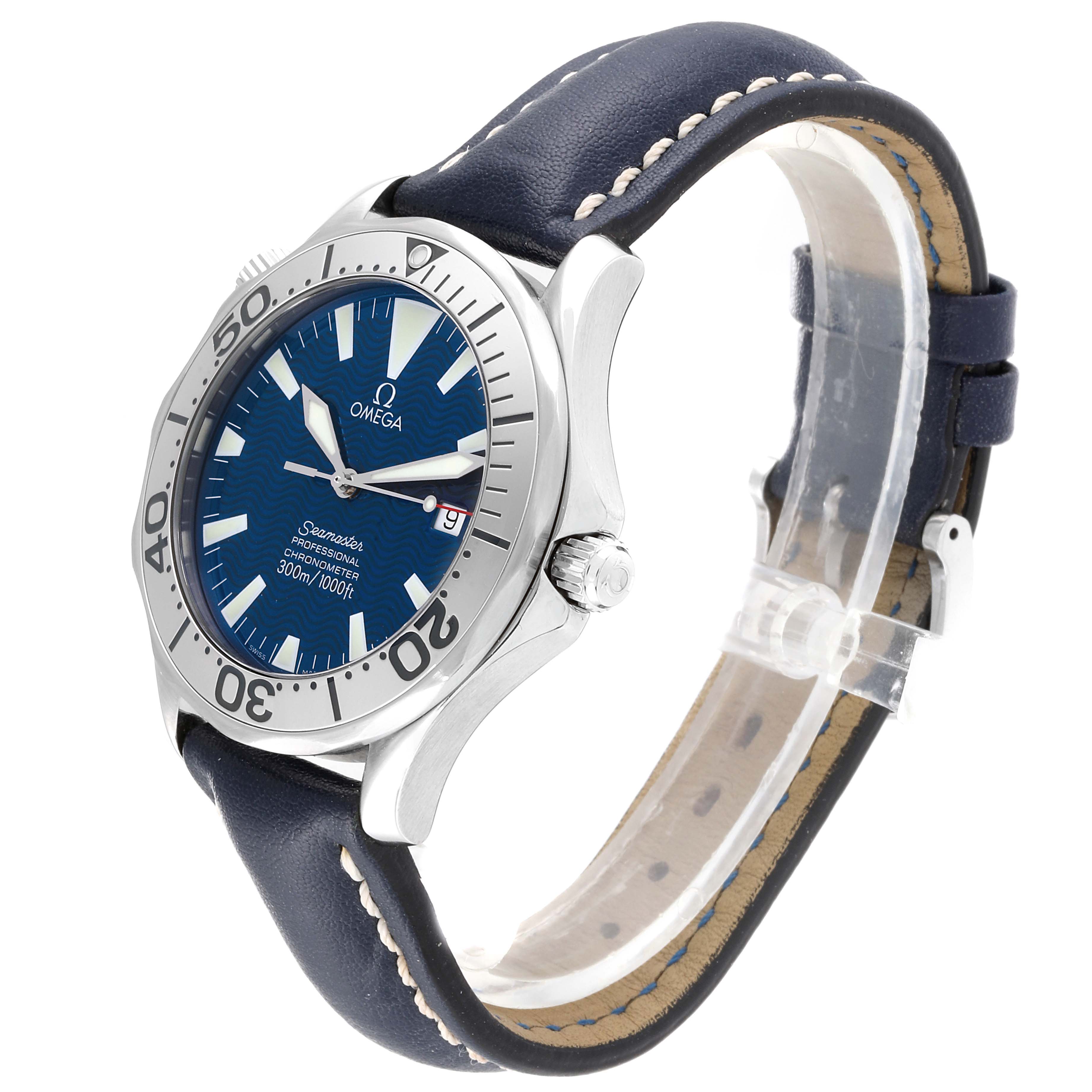 The image shows an Omega Seamaster 2255.80.00 Men
s Stainless Steel Blue Dial 2255.80.00 Men
s Stainless Steel Blue Dial watch angled from the front-left, showcasing its face, bezel, crown, and leather strap.