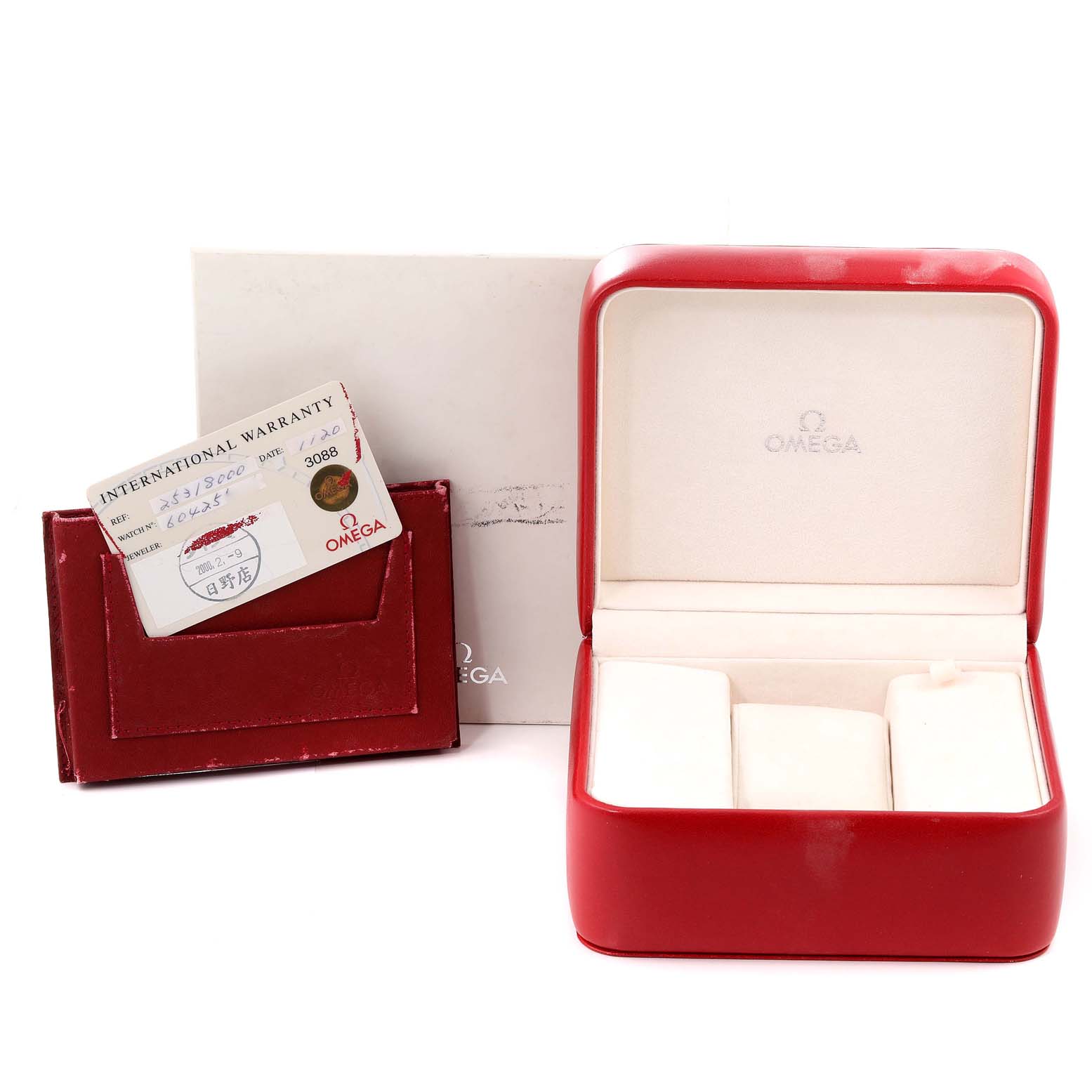 The image shows an Omega Seamaster 2531.80.00 Men's Stainless Steel Blue Dial 2531.80.00 Men's Stainless Steel Blue Dial watch box, international warranty card, and a leather cardholder.