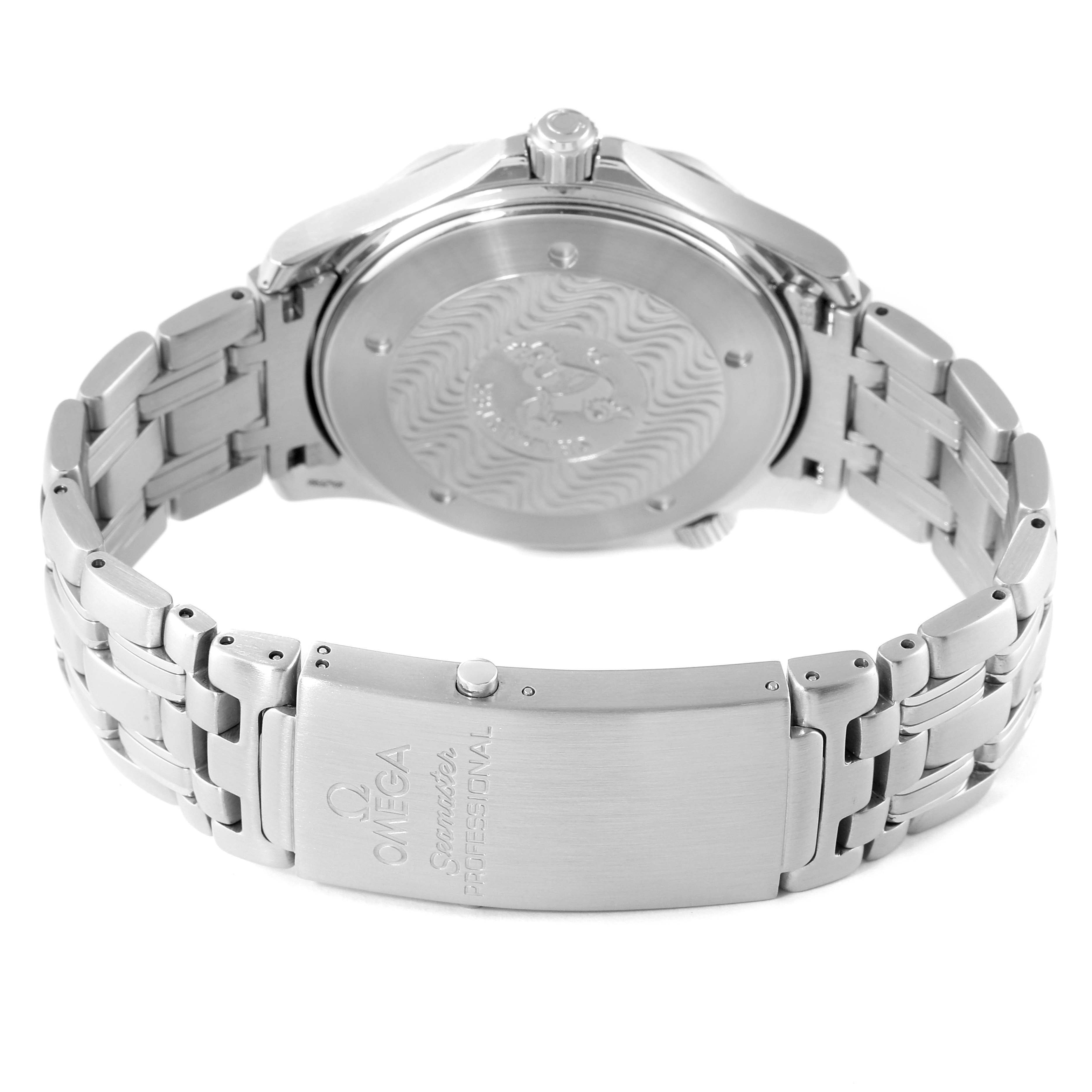 The image shows the back case and bracelet with the clasp of an Omega Seamaster 2531.80.00 Men's Stainless Steel Blue Dial 2531.80.00 Men's Stainless Steel Blue Dial watch.