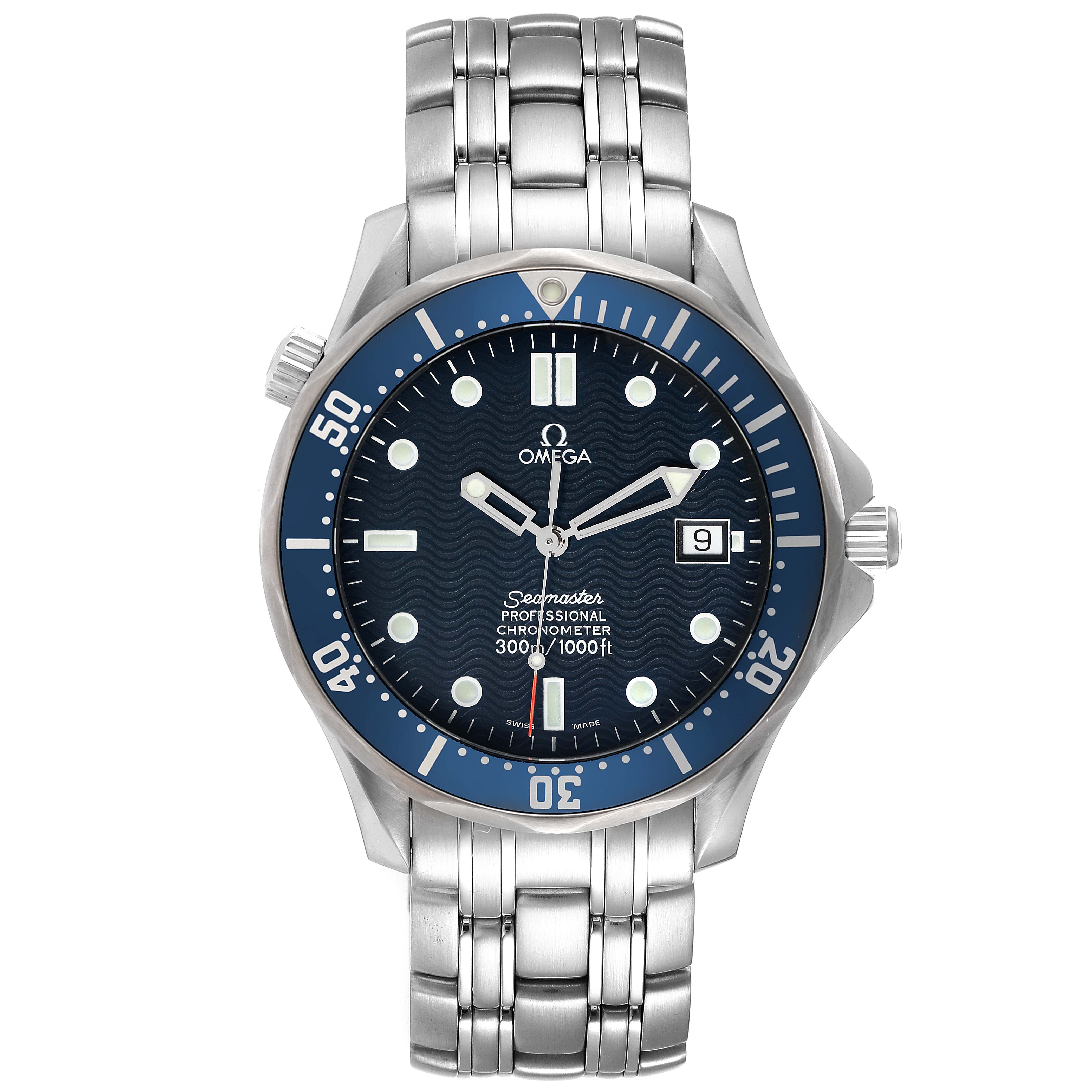 The Omega Seamaster 2531.80.00 Men's Stainless Steel Blue Dial 2531.80.00 Men's Stainless Steel Blue Dial watch is shown from a front angle, displaying its face, bezel, hands, date window, and bracelet.