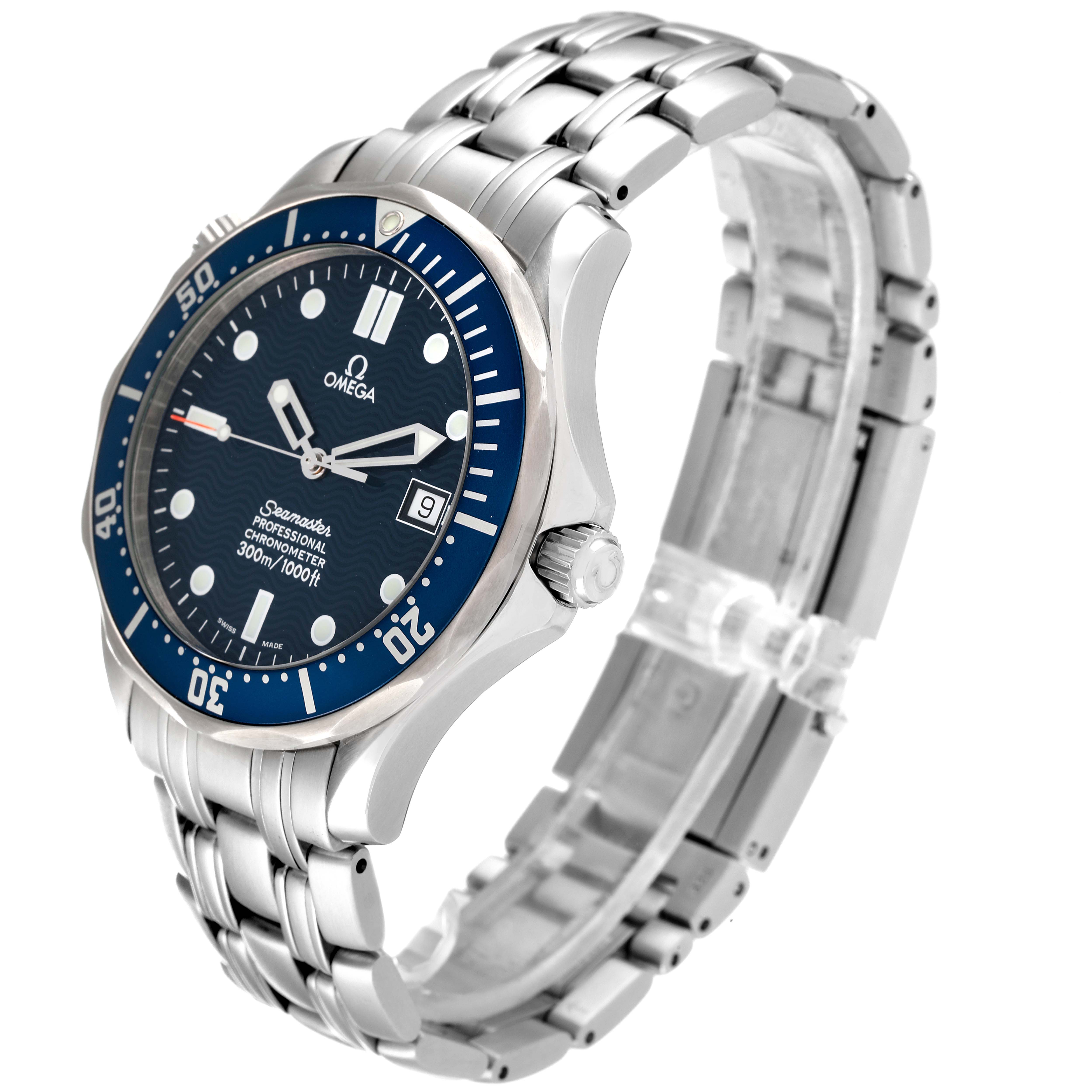 The image shows an angled view of the Omega Seamaster 2531.80.00 Men's Stainless Steel Blue Dial 2531.80.00 Men's Stainless Steel Blue Dial watch, highlighting its face, bezel, crown, and metal bracelet.