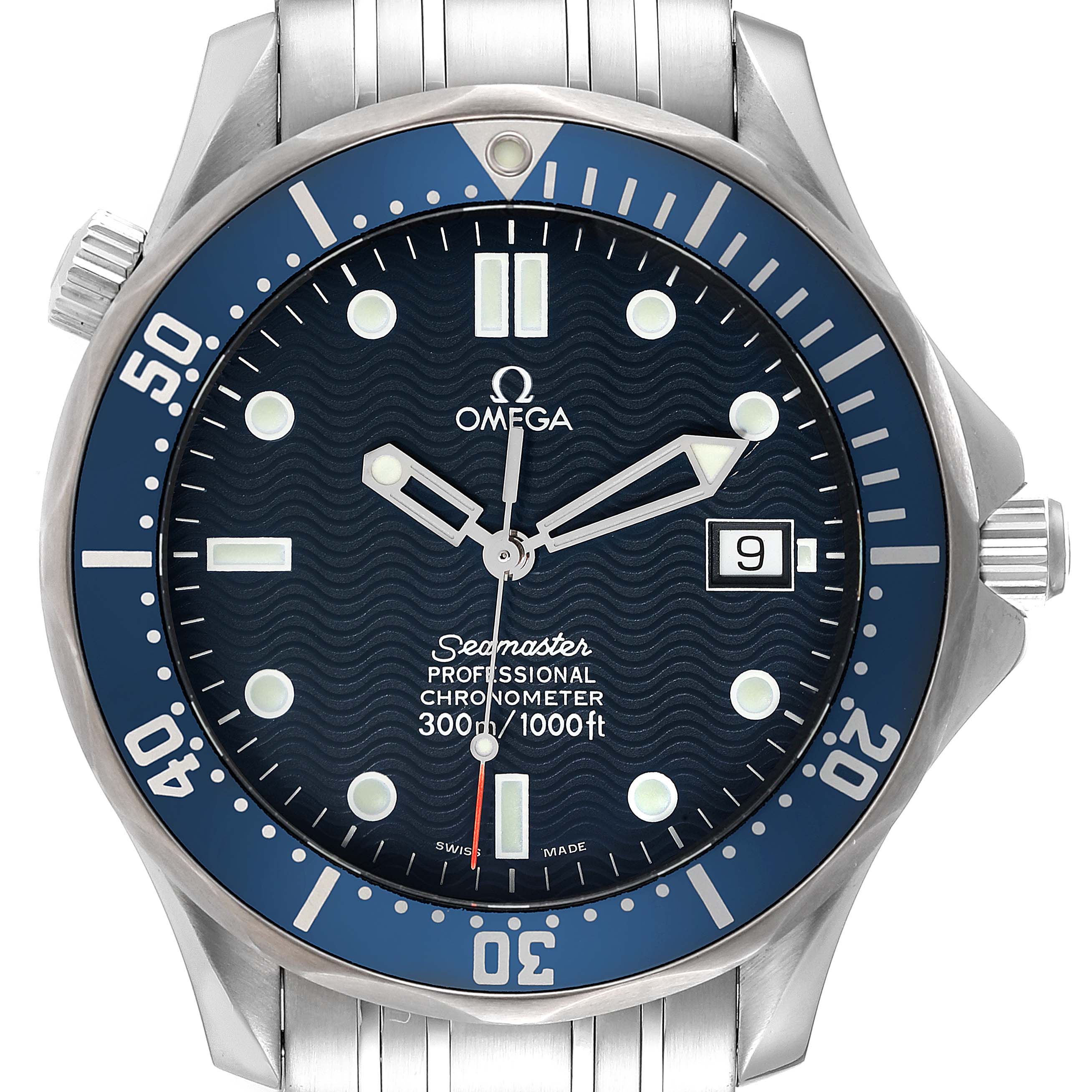 The image shows a front-angle view of the Omega Seamaster 2531.80.00 Men's Stainless Steel Blue Dial 2531.80.00 Men's Stainless Steel Blue Dial Professional Chronometer watch, highlighting the dial, bezel, and bracelet.