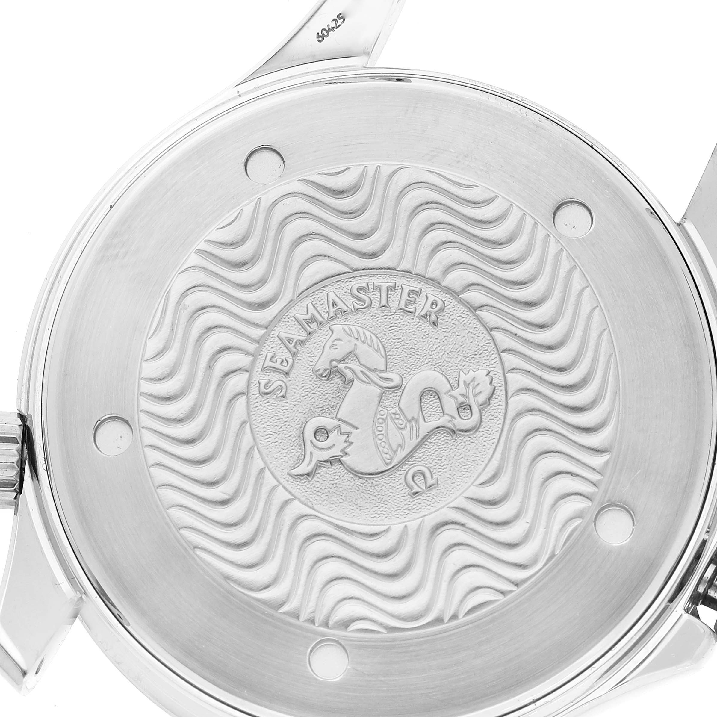 The image shows the back case of an Omega Seamaster 2531.80.00 Men's Stainless Steel Blue Dial 2531.80.00 Men's Stainless Steel Blue Dial watch, featuring an engraved wavy design and the Seamaster logo.